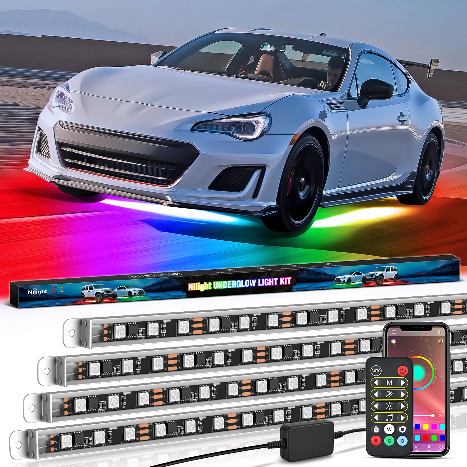 Nilight 4Pcs Aluminum Underglow Neon Accent Strip Lights 396 Leds Dream Color Door Assist Multi Mode Sound Active Function Music