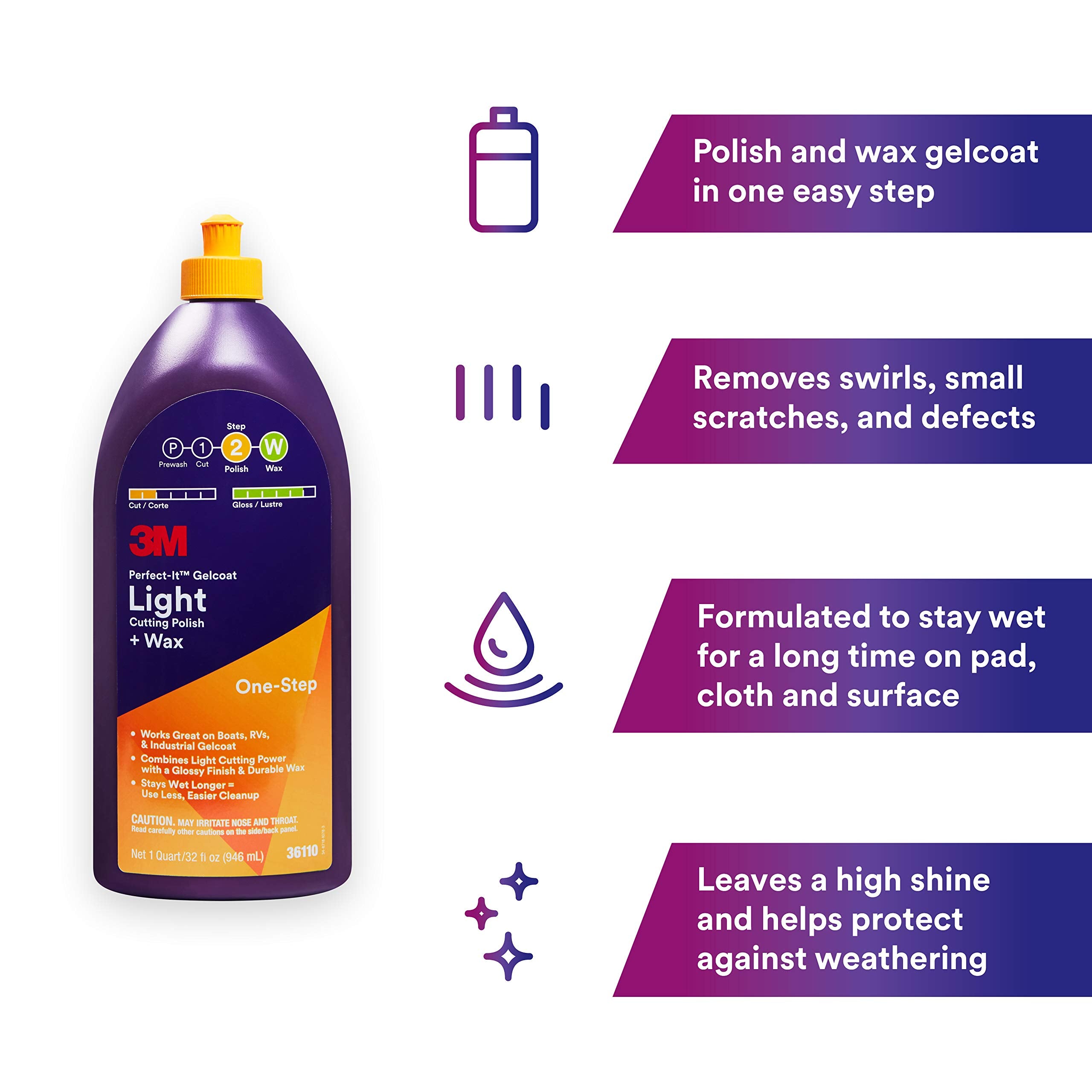 3M Perfect-It Gelcoat Light Cutting Polish + Wax, 36110, 1 Quart, One-Step Process, Removes Scratches And Swirls, Light Oxidation Remover For Boats And Rvs