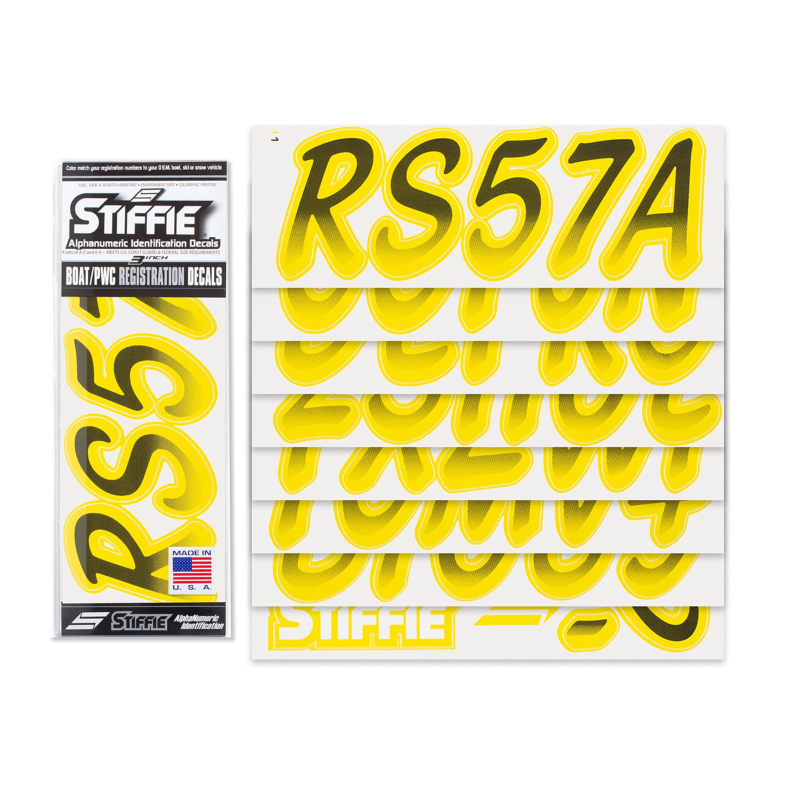STIFFIE Whipline Black/Electric Yellow 3'' Boat & PWC Registration Decals  Numbers Letters Stickers
