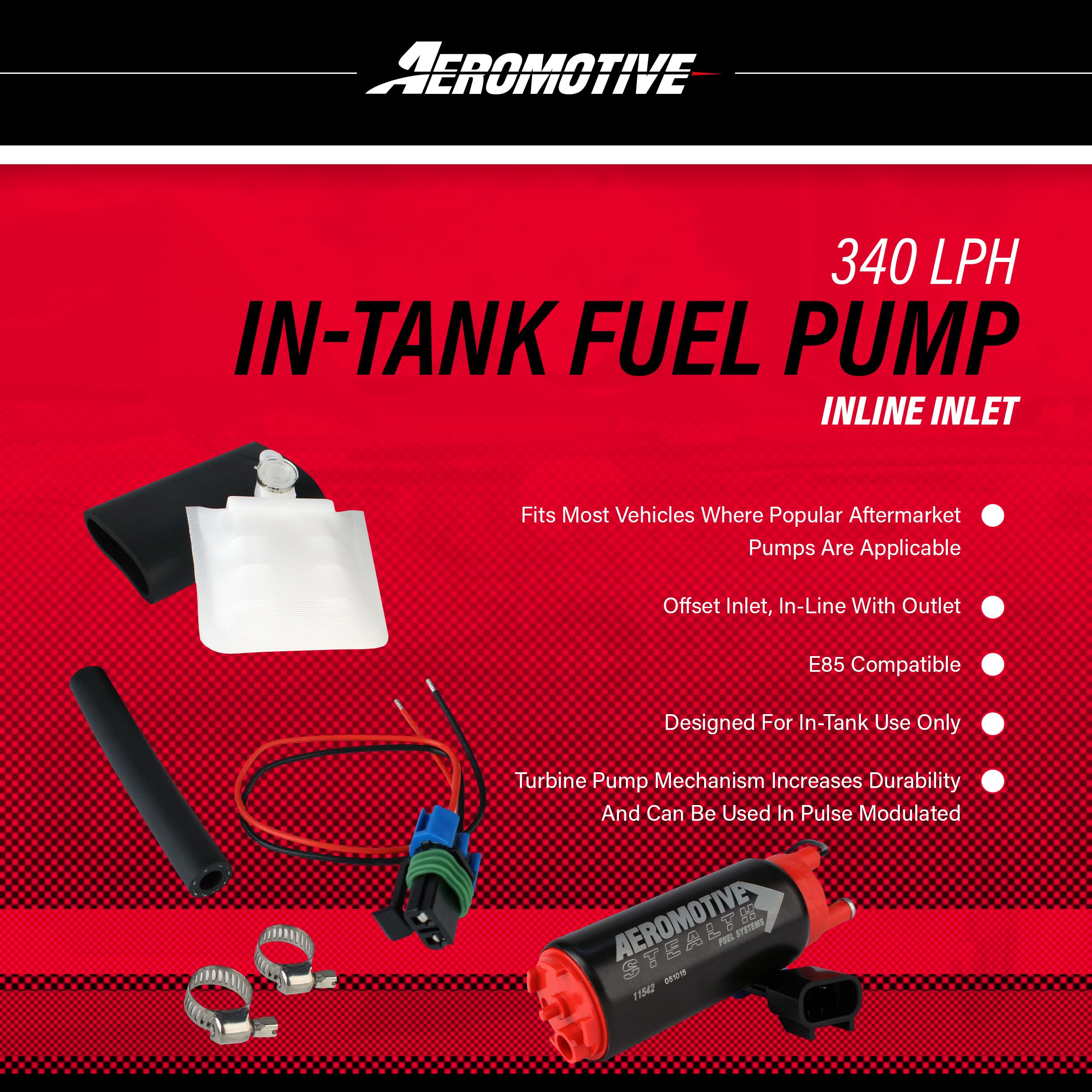 Aeromotive 11542 340 Series Stealth Intank Fuel Pump, Inline Inlet, High Horsepower, 12V Electric, Efi And Carbureted Engines, Gas Or E85 Fuel Type