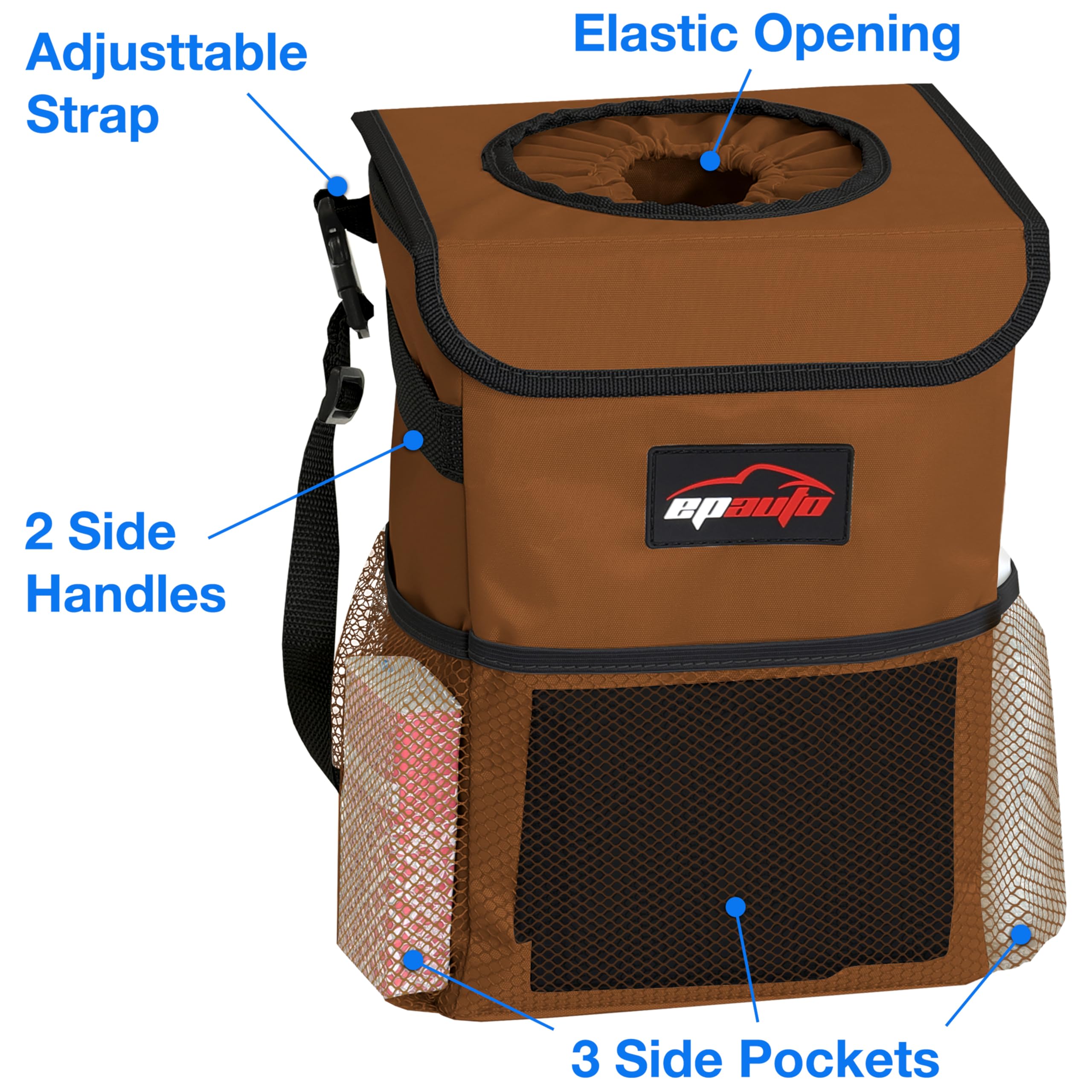 Epauto Waterproof Car Trash Can With Lid And Storage Pockets, Brown