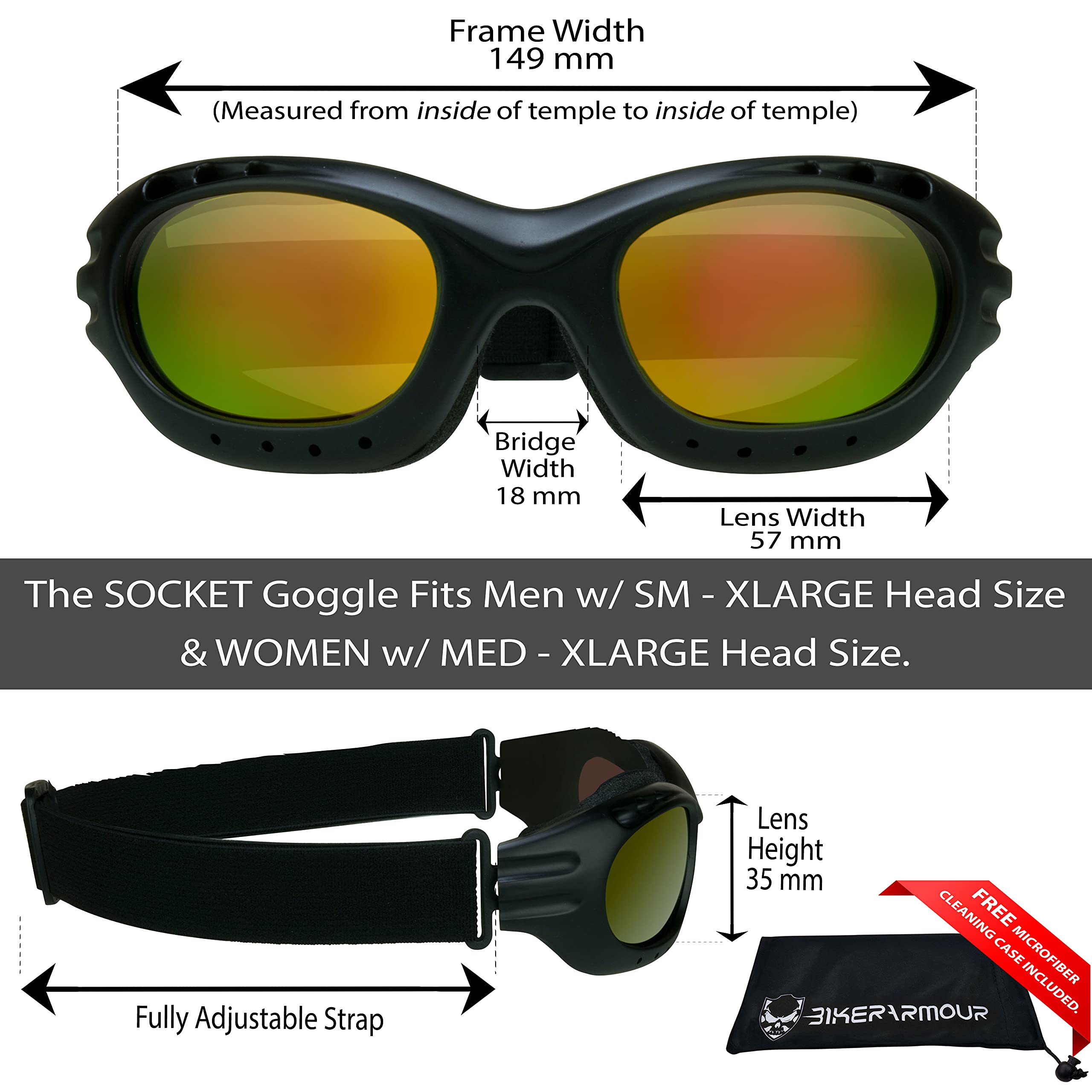 Bikershades Motorcycle Riding Goggles Sunglasses Biker Orange Mirrored Lens Foam Cushion Adjustable Strap Ski Sky Diving