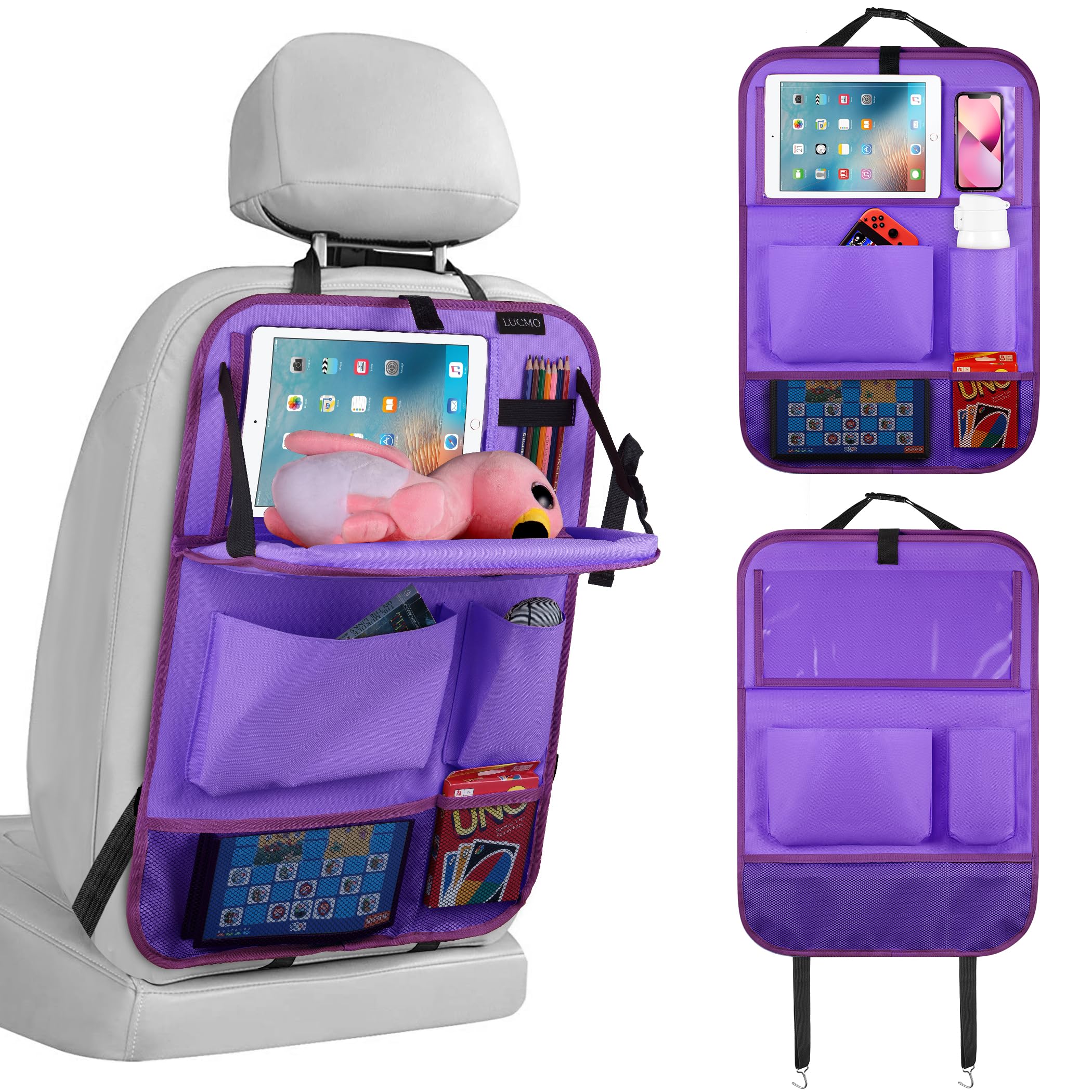 Lucmo Car Backseat Organizer With Tablet Holder,6 Storage Pockets Car Storage Organizer With Foldable Food Tray,Seat Protectors