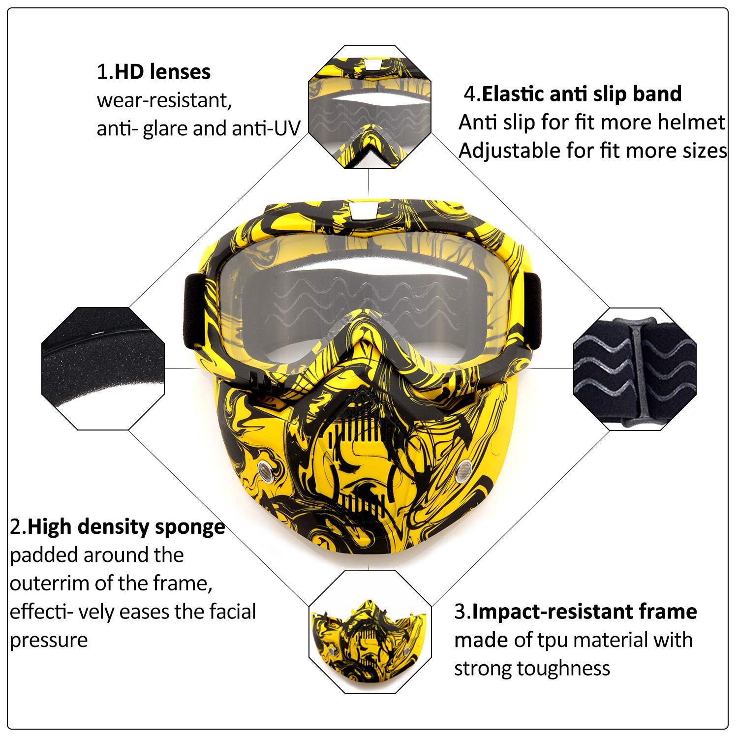 SPOSUNE Motorcycle Goggles Paintball Mask, Detachable Face Mask ATV Goggles Dirt Bike Goggles, Motocross Goggles Safety Ggoggles