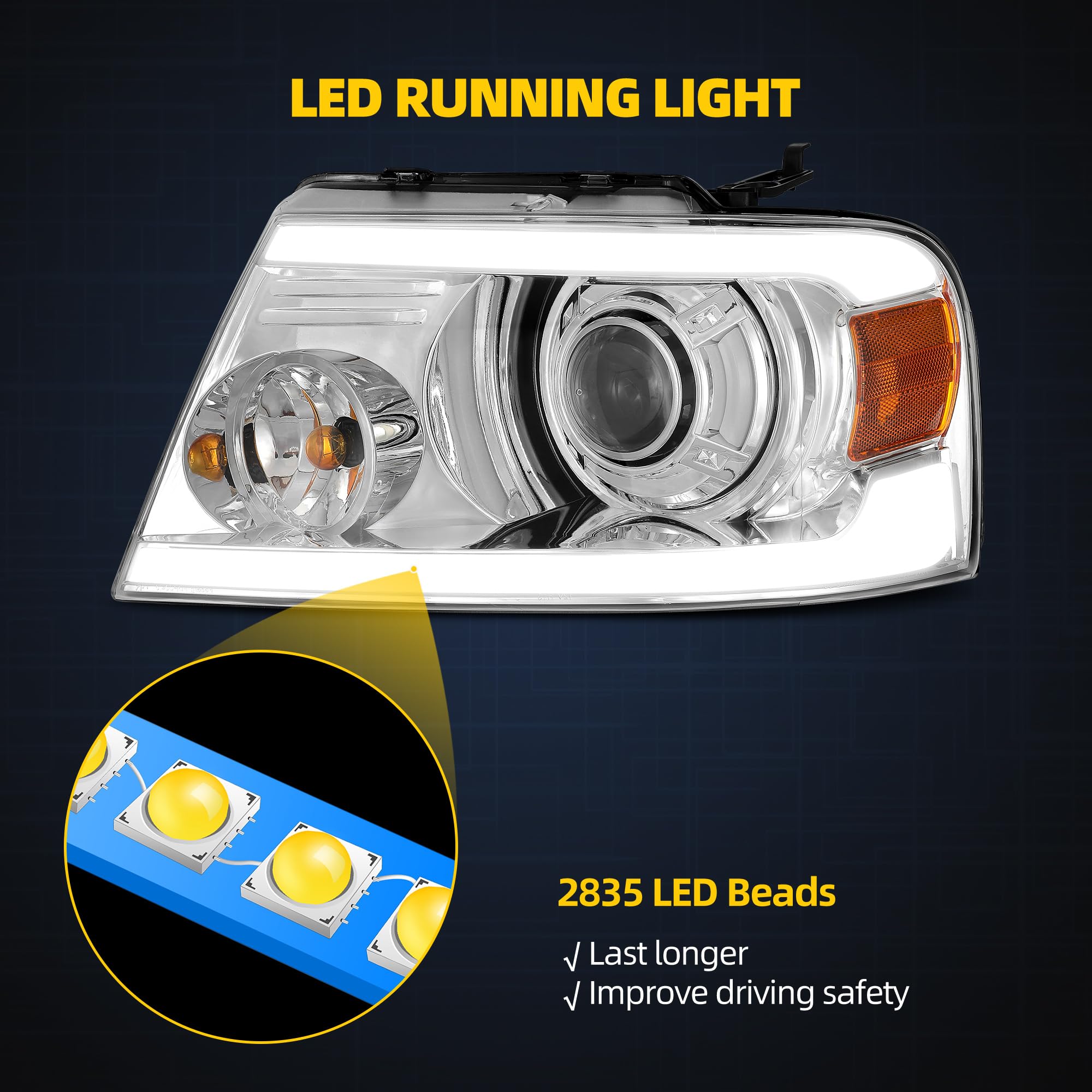 Dwvo Headlights Assembly Compatible With 2004 2005 2006 2007 2008 Ford F-150 2006-2008 Lincoln Mark Lt Led Drl Headlamp Chrome H