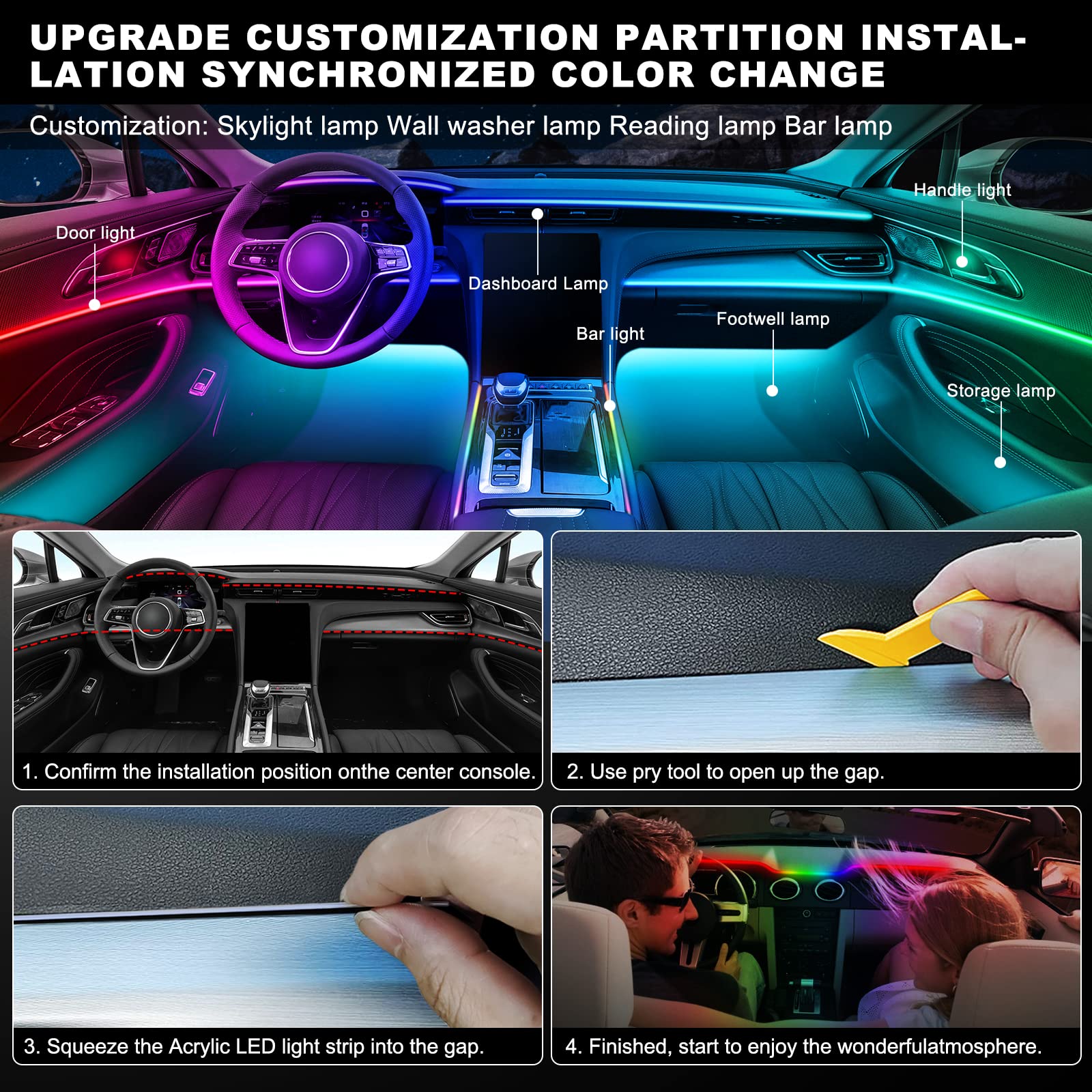 Dreamcolor Acrylic Interior Car Led Strip Light With Wireless App, Rgb 14 In 1 With 175 Inches 593 Leds Fiber Optic Ambient Ligh