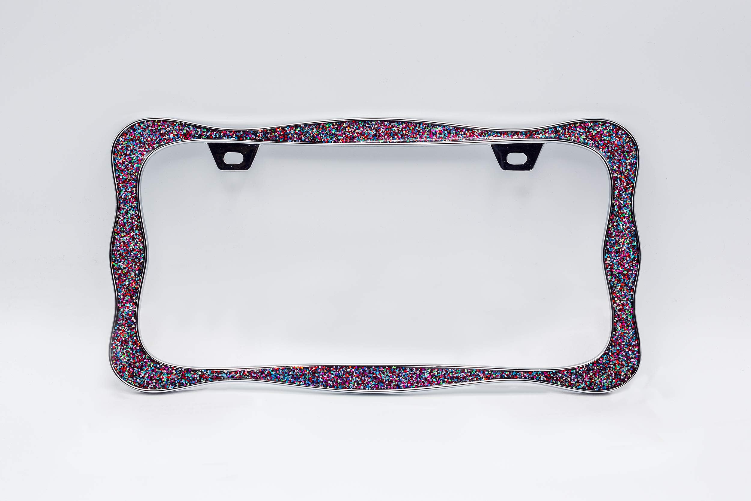Creathome 3D Shining License Plate Frame, Chrome With Mix Shining Colorful Chunky Gliter, Pure Zinc Alloy Metal