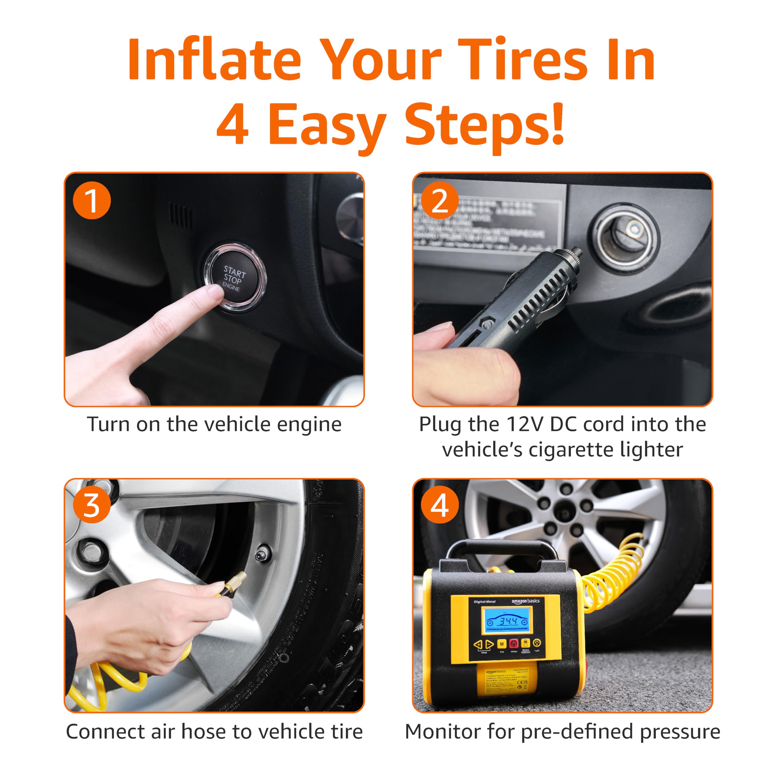 Amazon Basics Portable Car Tire Inflator With Digital Pressure Gauge, 150 Psi, 12V Dc, Black