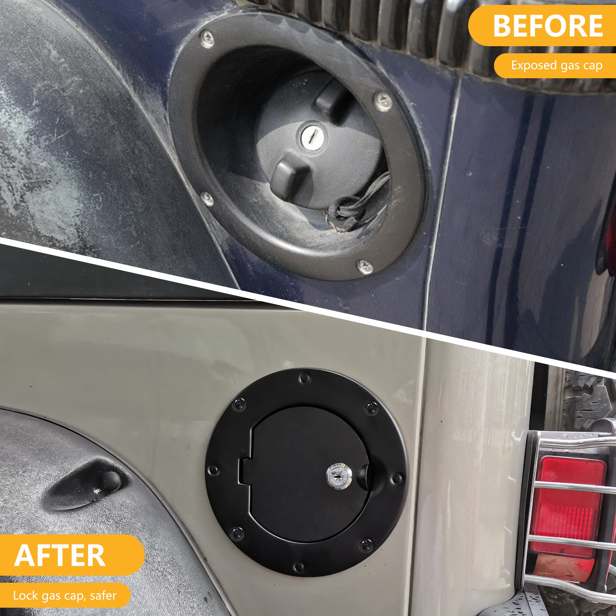 Rerpro Locking Gas Cap Cover Compatible With 1997-2006 Jeep Wrangler Tj Unlimited Sport Rubicon Sahara Exterior Accessories Fuel Filler Door Gas Tank Cap Cover, Black