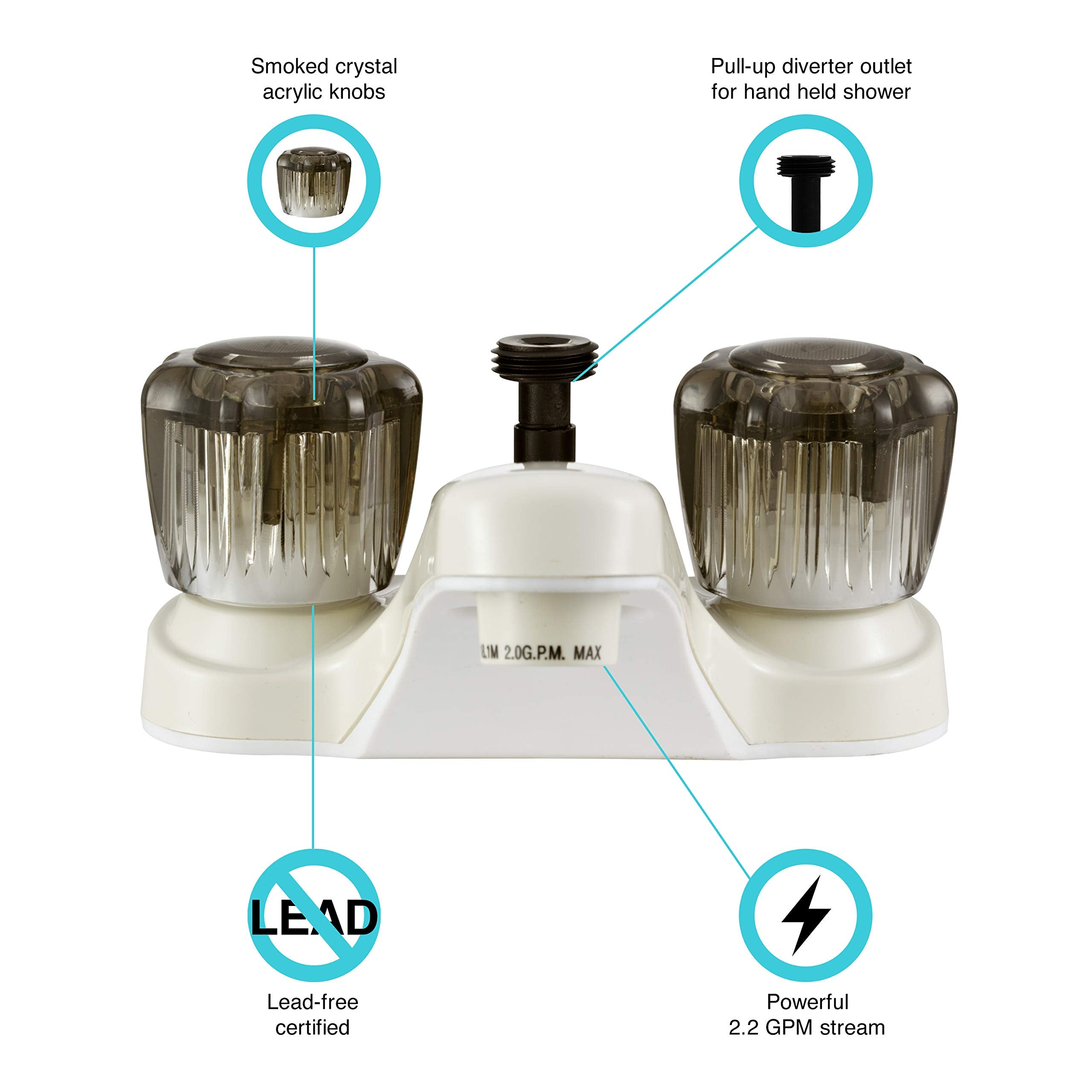 Dura Faucet Df-Pl720S-Bq Rv Bathroom Faucet With Smoked Acrylic Knobs And Shower Hose Diverter (Bisque Parchment)