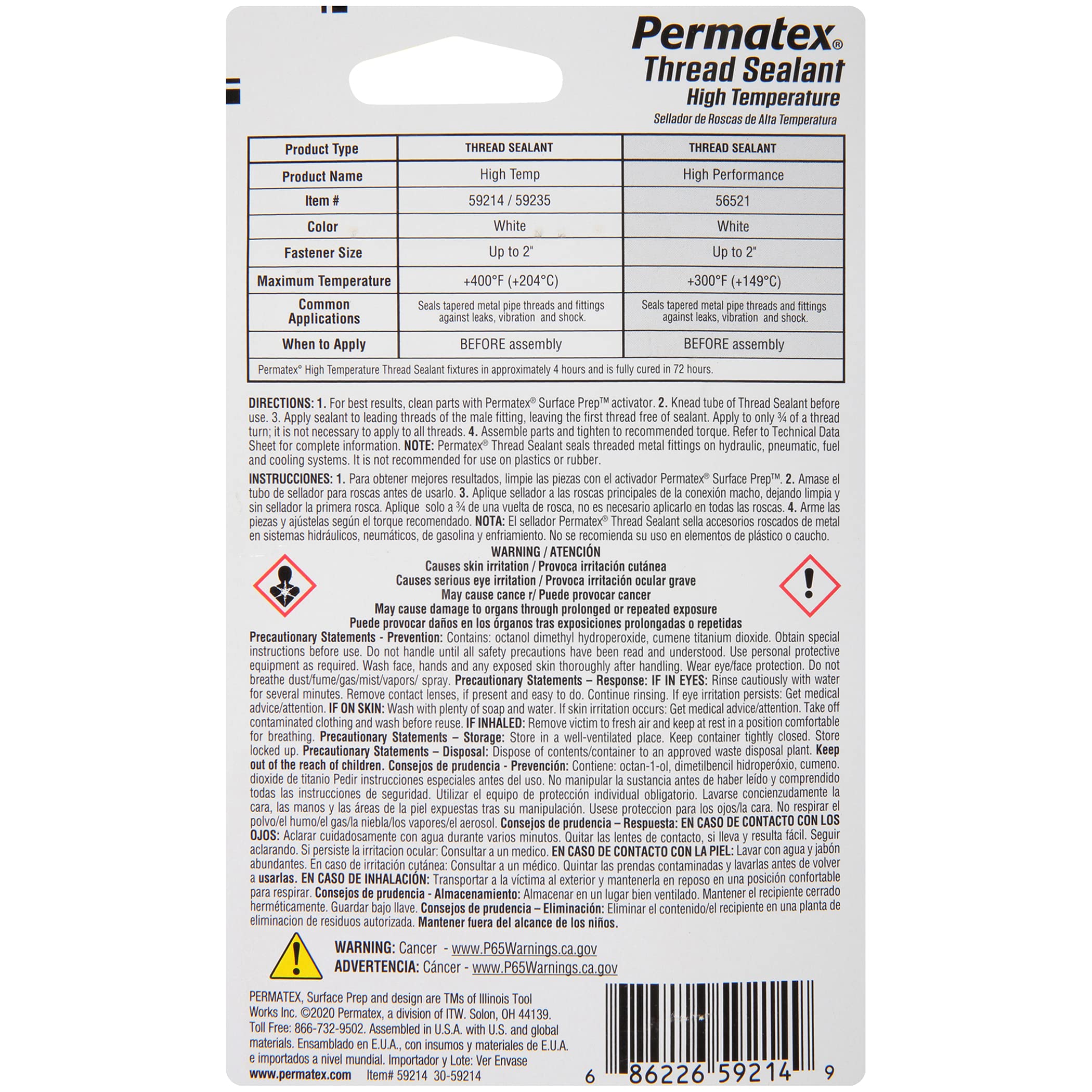 Permatex 59214 High Temperature Thread Sealant, 6 Ml Tube, Pack Of 1