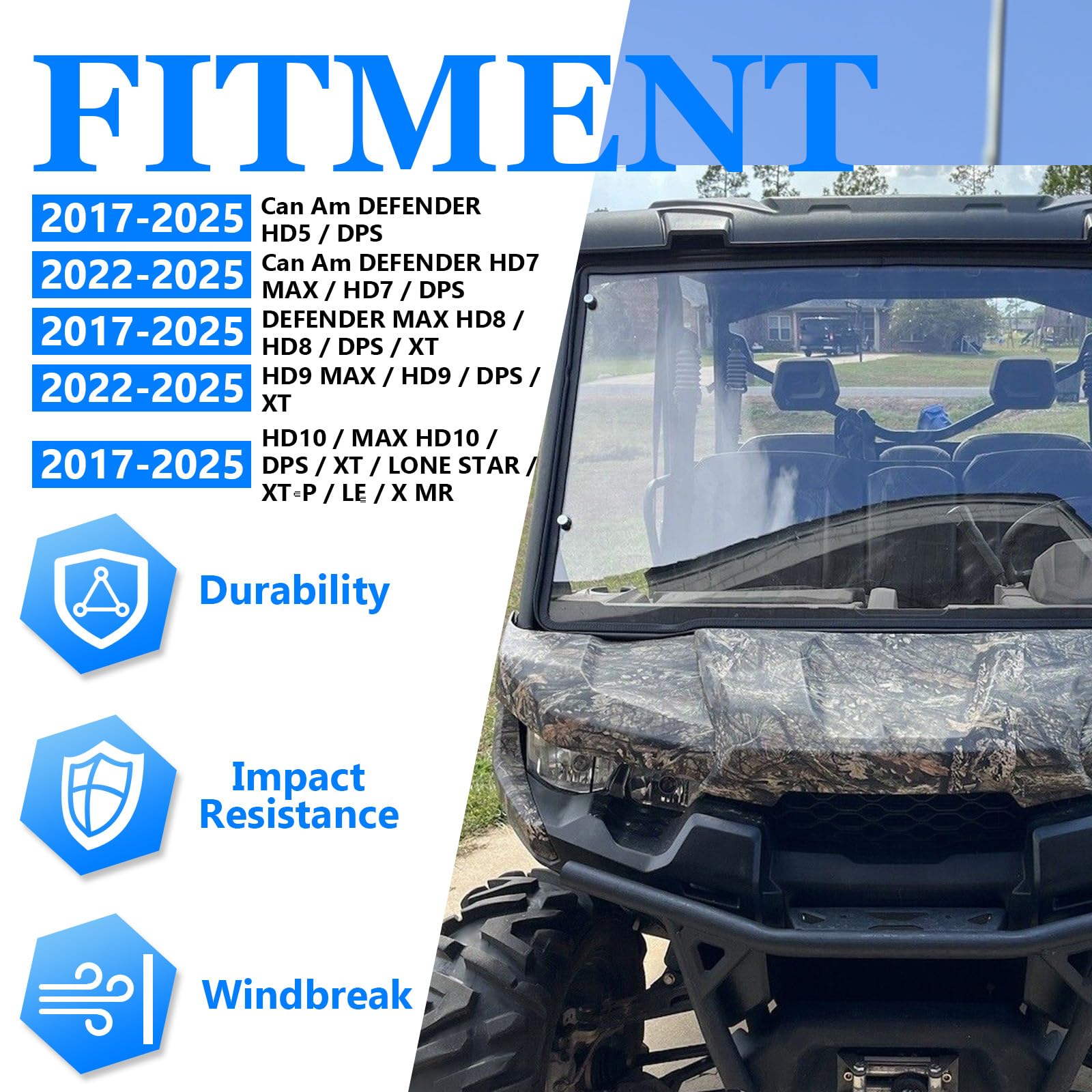ECOTRIC Full Front Windshield Compatible with 2016-2025 Can Am DEFENDER HD5 HD8 HD10 MAX Windscreen Clear