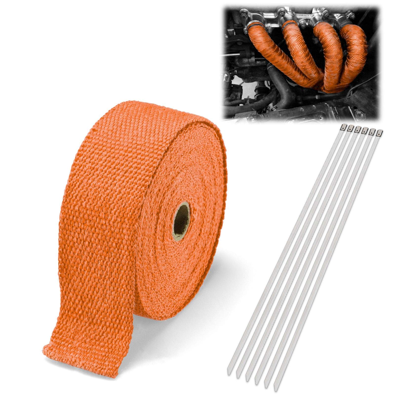 Orange Exhaust Pipe Insulation Thermal Heat Wrap 2' X 50' Motorcycle Header Protection Fiberglass Heat Shield 6X Stainless Ties
