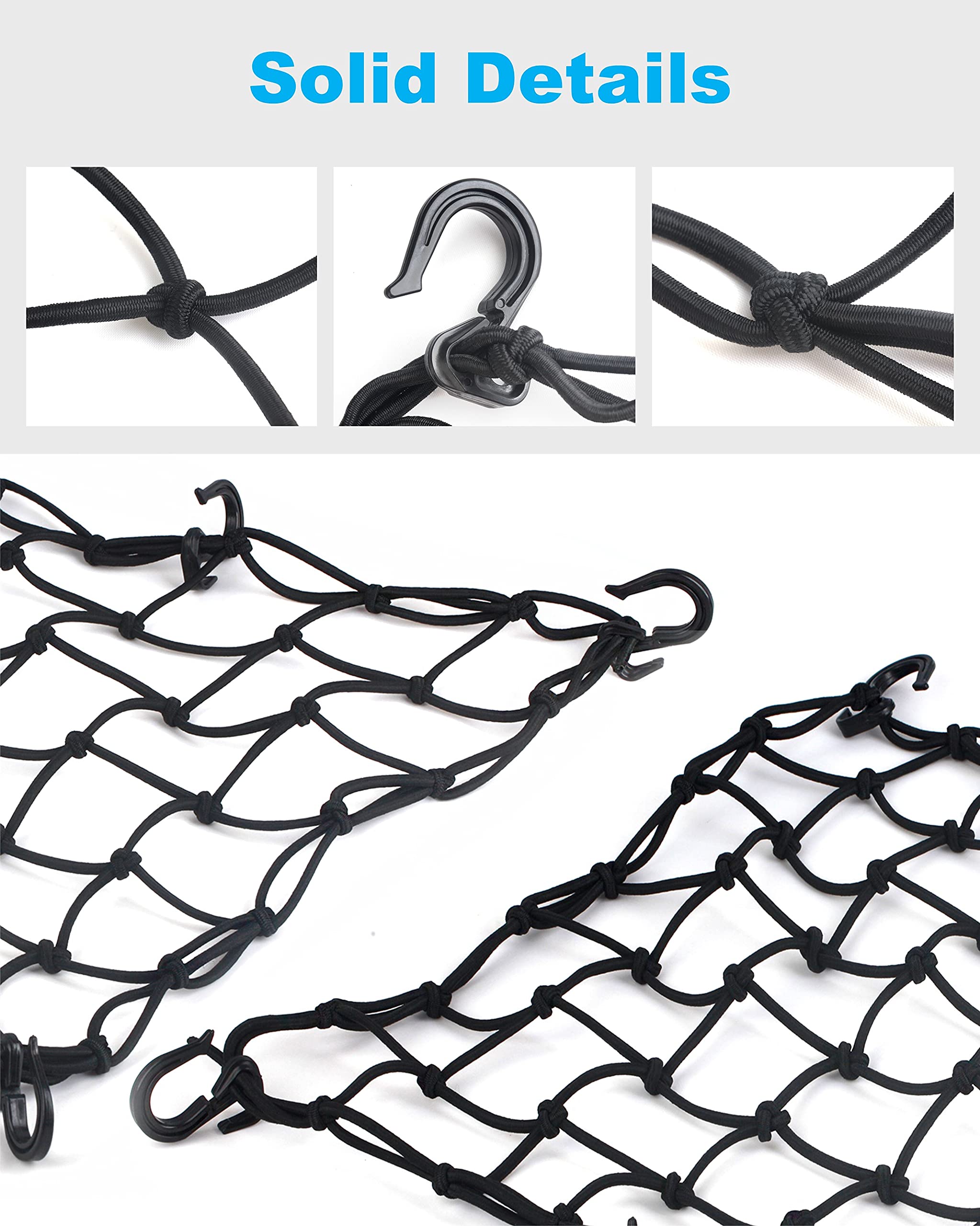 2 Pack Black Cargo Nets, Heavy Duty Latex 17''X17'' Bungee Net Stretches To 34''X34'', Gear Helmet Luggage Net With Tight 2.3''X