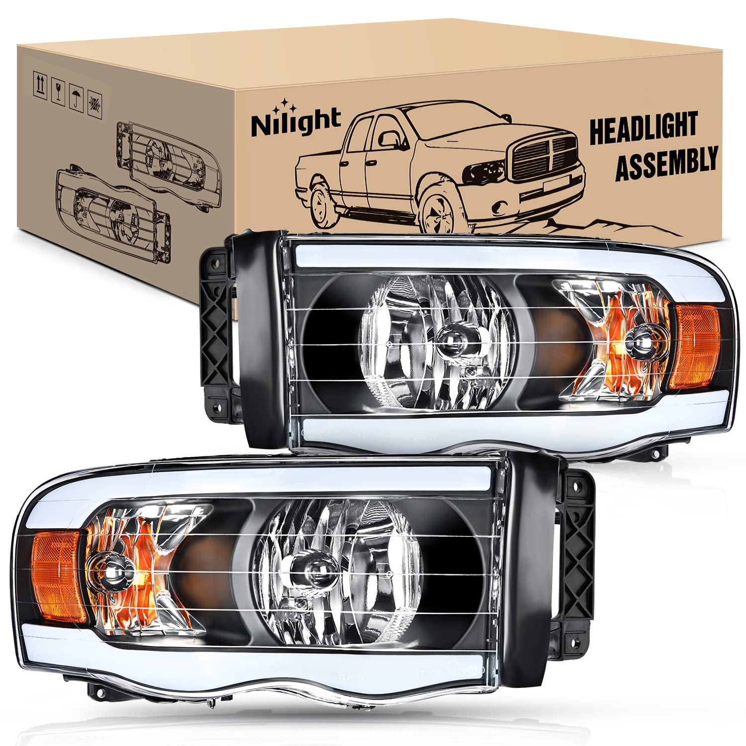 Nilight Headlights Assembly Led Drl For 2002-2005 Dodge Ram 1500/2003 2004 2005 Dodge Ram 2500 3500 Headlamp, Black Housing Ambe