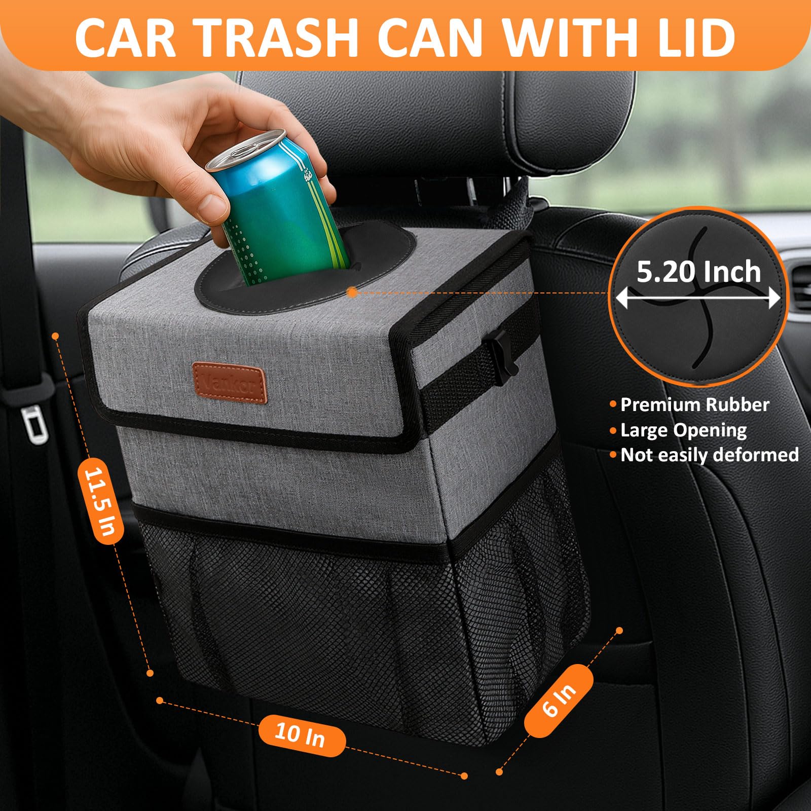 Vankor 3 Gallons Car Trash Can With Lid, Car Trash Bag Bin Hanging Waterproof Automotive Garbage Cans Leak Proof Vehicle Can Gre