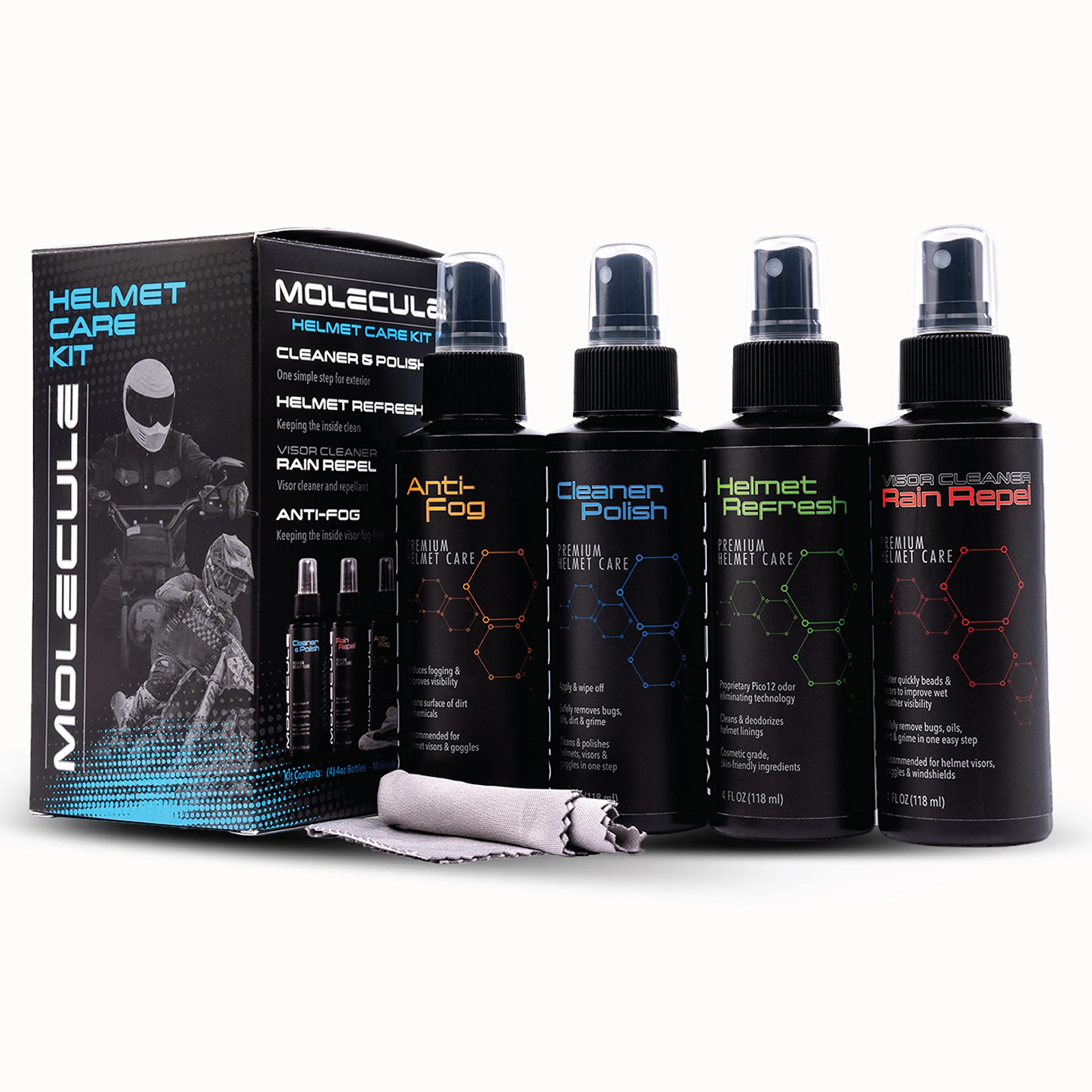 Molecule Premium Helmet Care Kit, Includes Anti-Fog, Cleaner Polish, Helmet Refresh, and Rain Repel, For Helmets, Visors, and Go