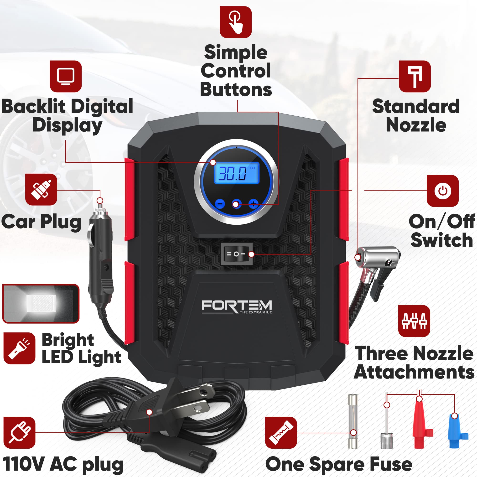 Fortem Tire Inflator 150 Psi, Bike Pump, 110V Ac 12V Dc Air Pump For Car Tires, Digital Tire Pressure Gauge W/Auto Pump/Shut Off