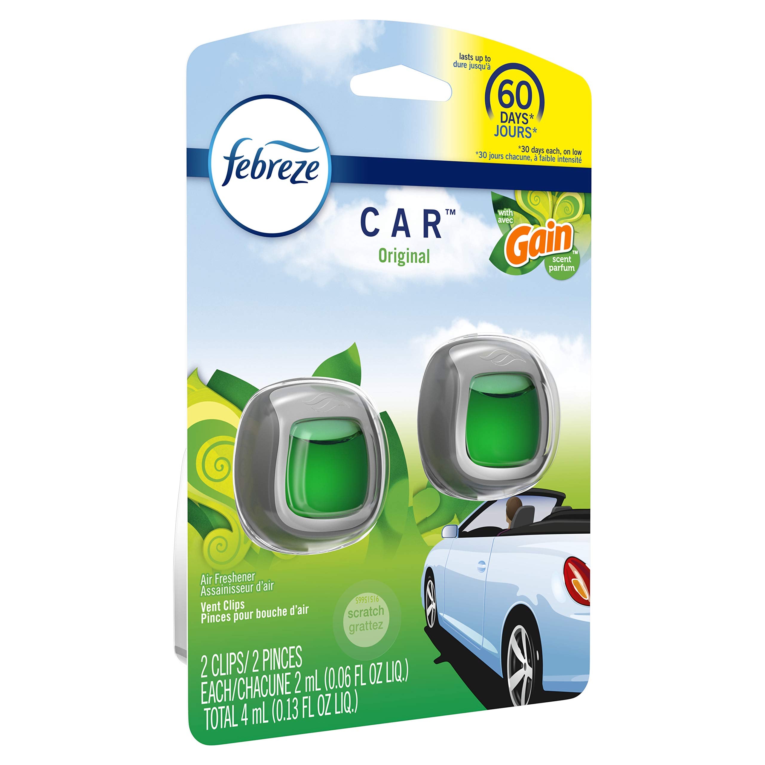 Febreze Car Air Fresheners, Gain Original Scent, Odor Fighter, 2 Count, Green Vent Clips