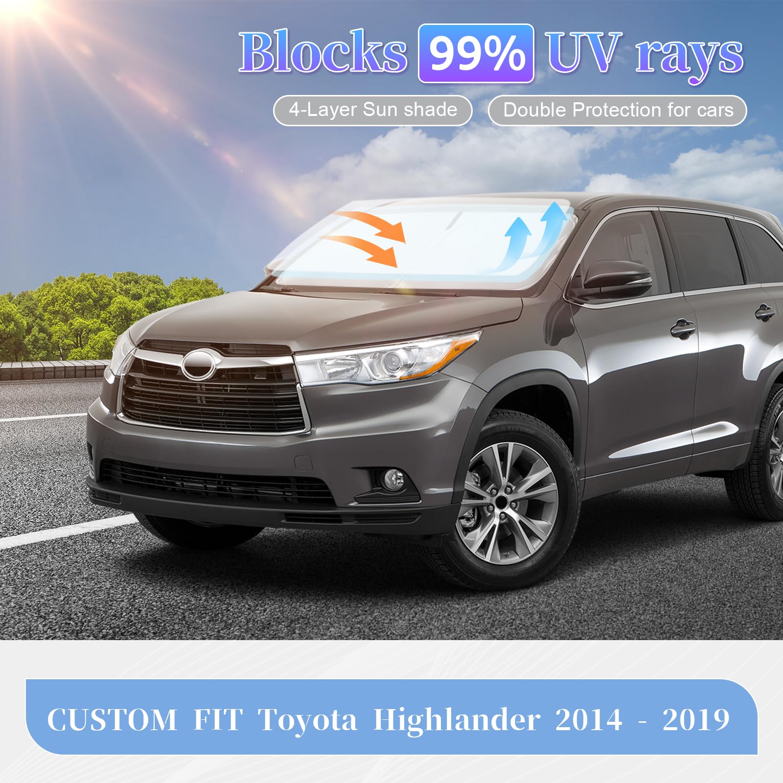 Zoibv Compatible With Toyota Highlander 2014-2019 Sun Shade Sunshade Windshield Cover, 4-Layer Front Window Shade Custom Fit Vis