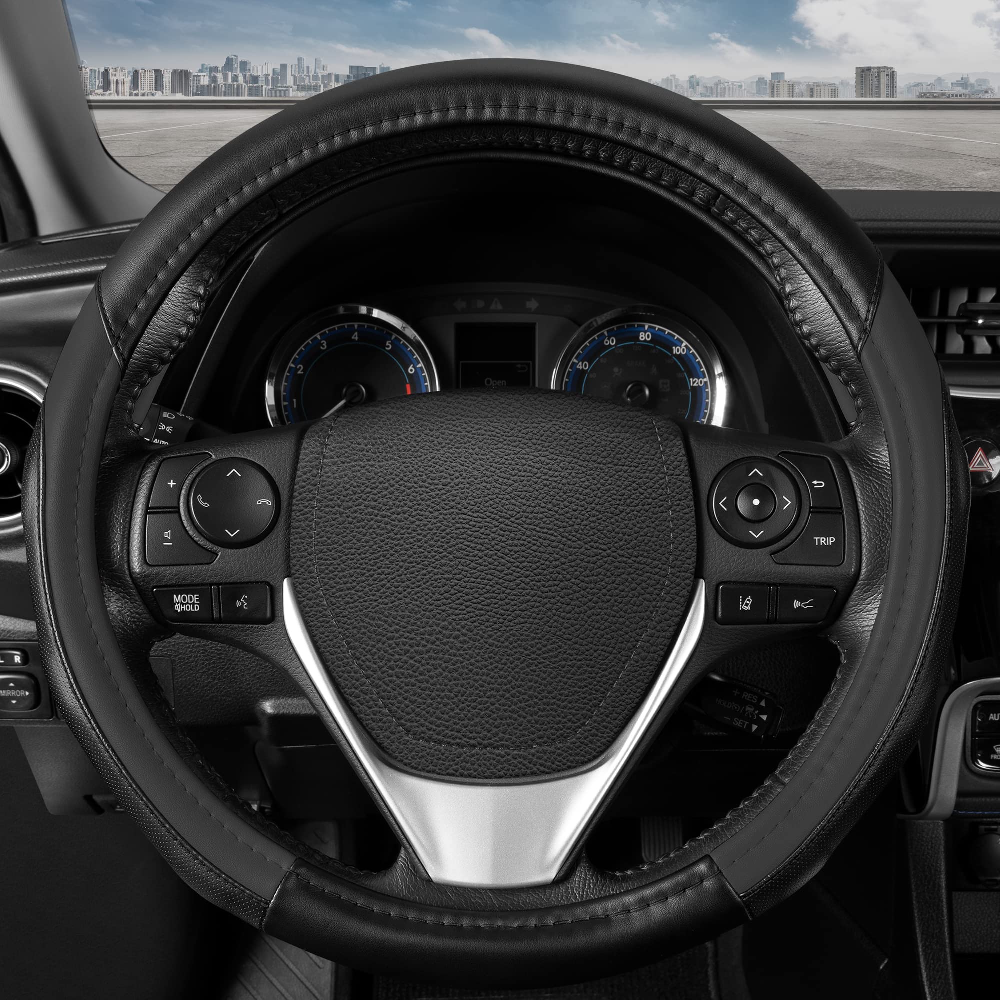 Motor Trend Sportdrive Faux Leather Steering Wheel Cover, Standard 15 Inch Size, Two-Tone Black & Dark Gray, Car Steering Wheel Cover For Truck Van Suv Auto