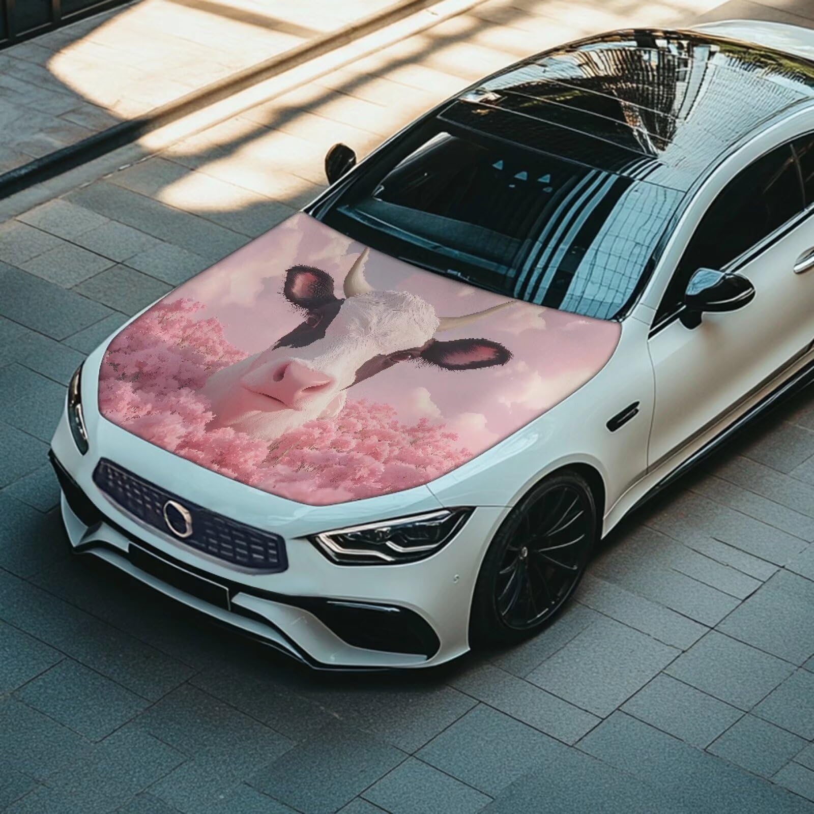 Qiyupavto Pink Flower Cow Print Car Hood Cover, Stretch Fabric Car Hood Protector Washable Universal Auto Exterior Accessorie fo