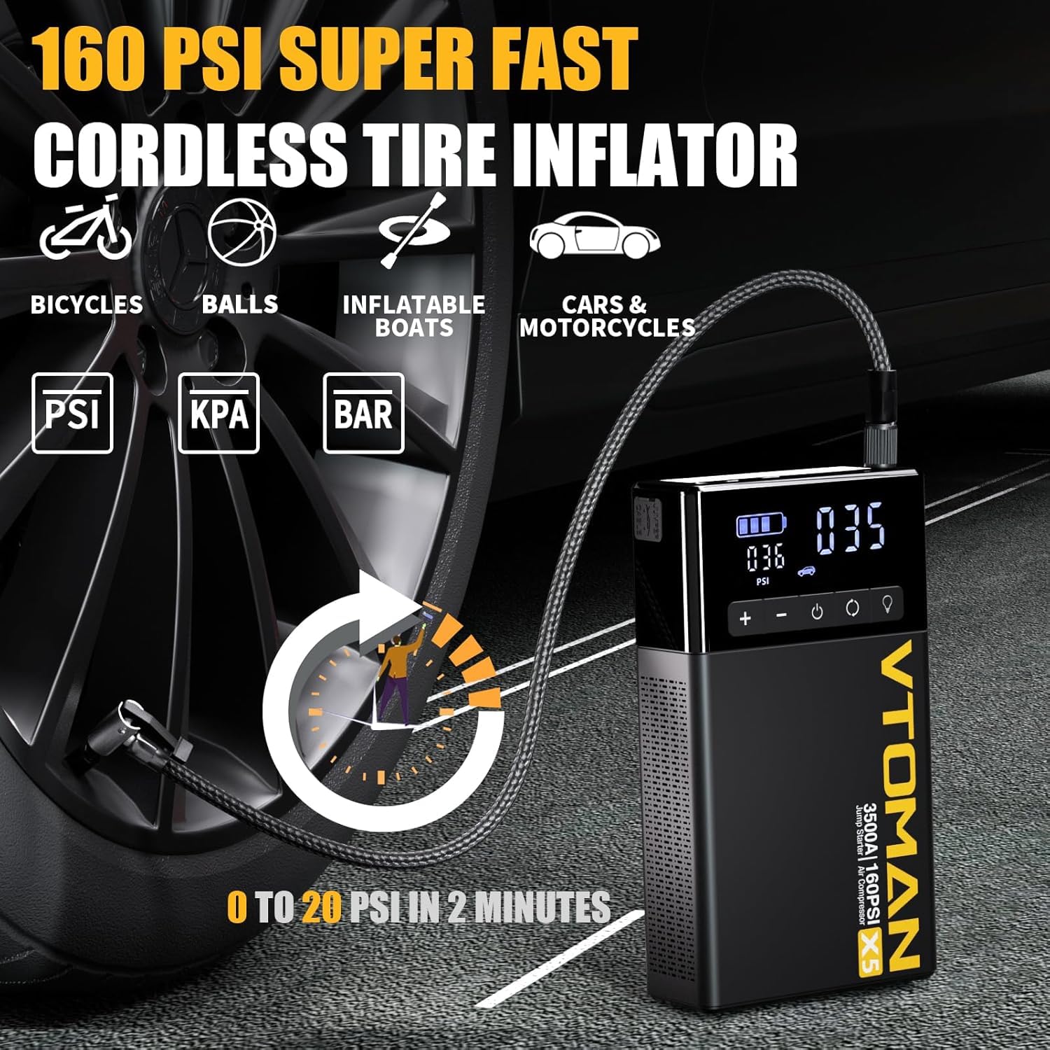 Vtoman X5 Jump Starter With Air Compressor, 3500A Portable Car Battery Booster (Up To 9L Gas/8L Diesel Engines) With 160Psi Digi