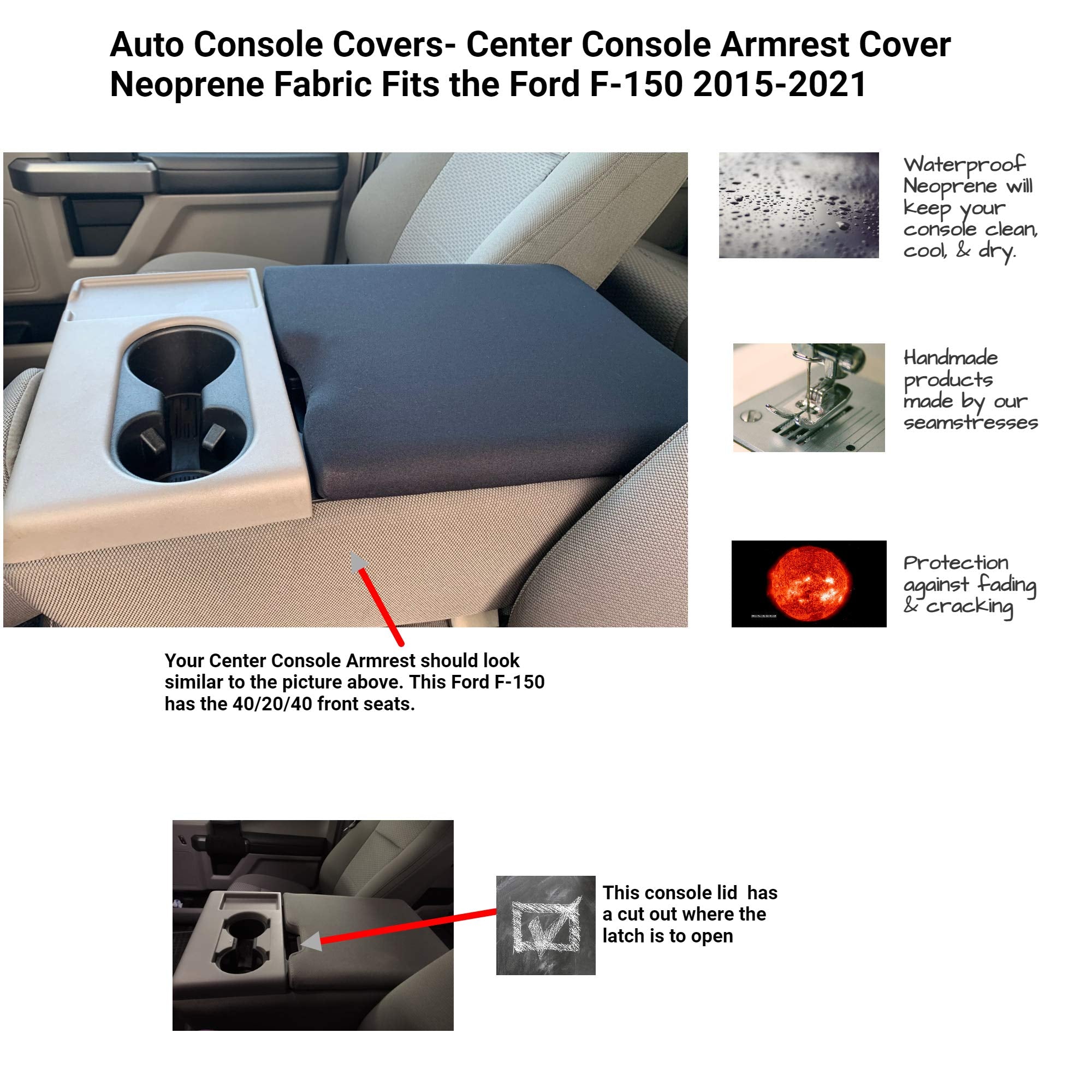 Auto Console Covers - Premium Center Console Cover Armrest Compatible With Ford F-150 2015-2022, Waterproof Neoprene Fabric Midd