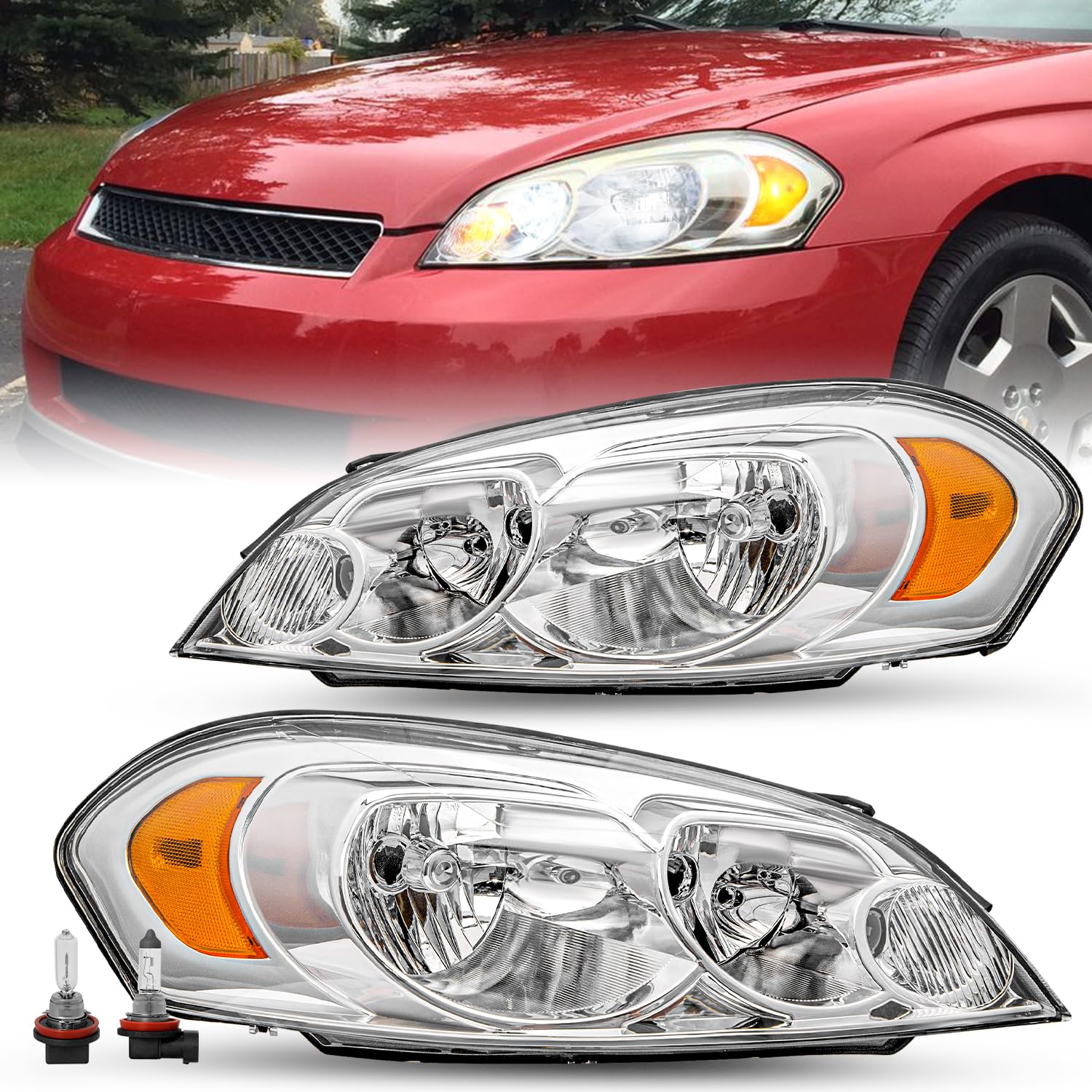 Jsboyat Headlight Assembly With Bulbs Fit For 2006-2013 Chevy Impala / 2006-2007 Chevy Monte Carlo / 2014-2016 Chevy Impala Limi