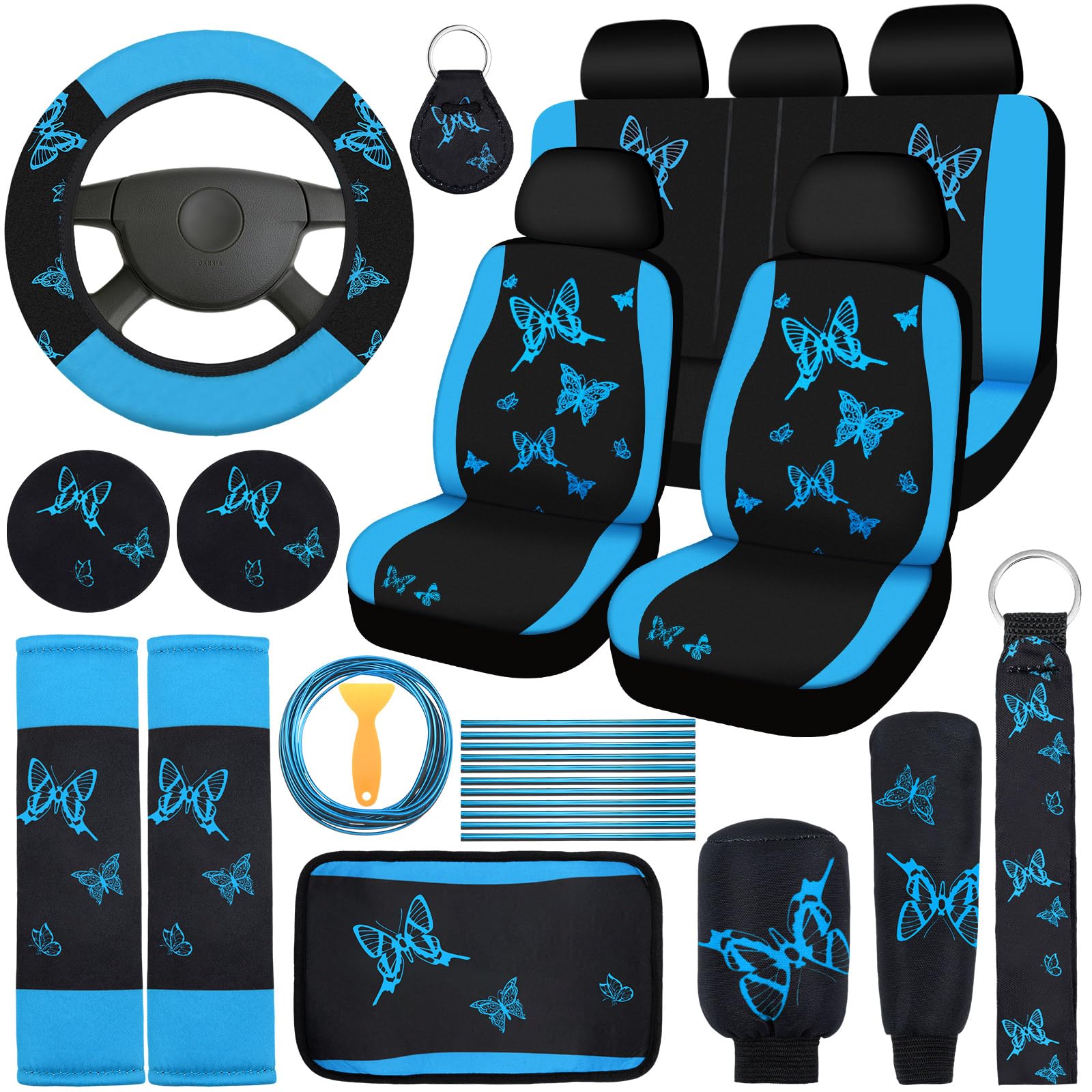 BBTO 43 Pcs Butterfly Car Seat Full Set Butterfly Car Accessories for Women 5 Front Rear Seat Covers Wrist Strap 2 Pcs Cup Mat A