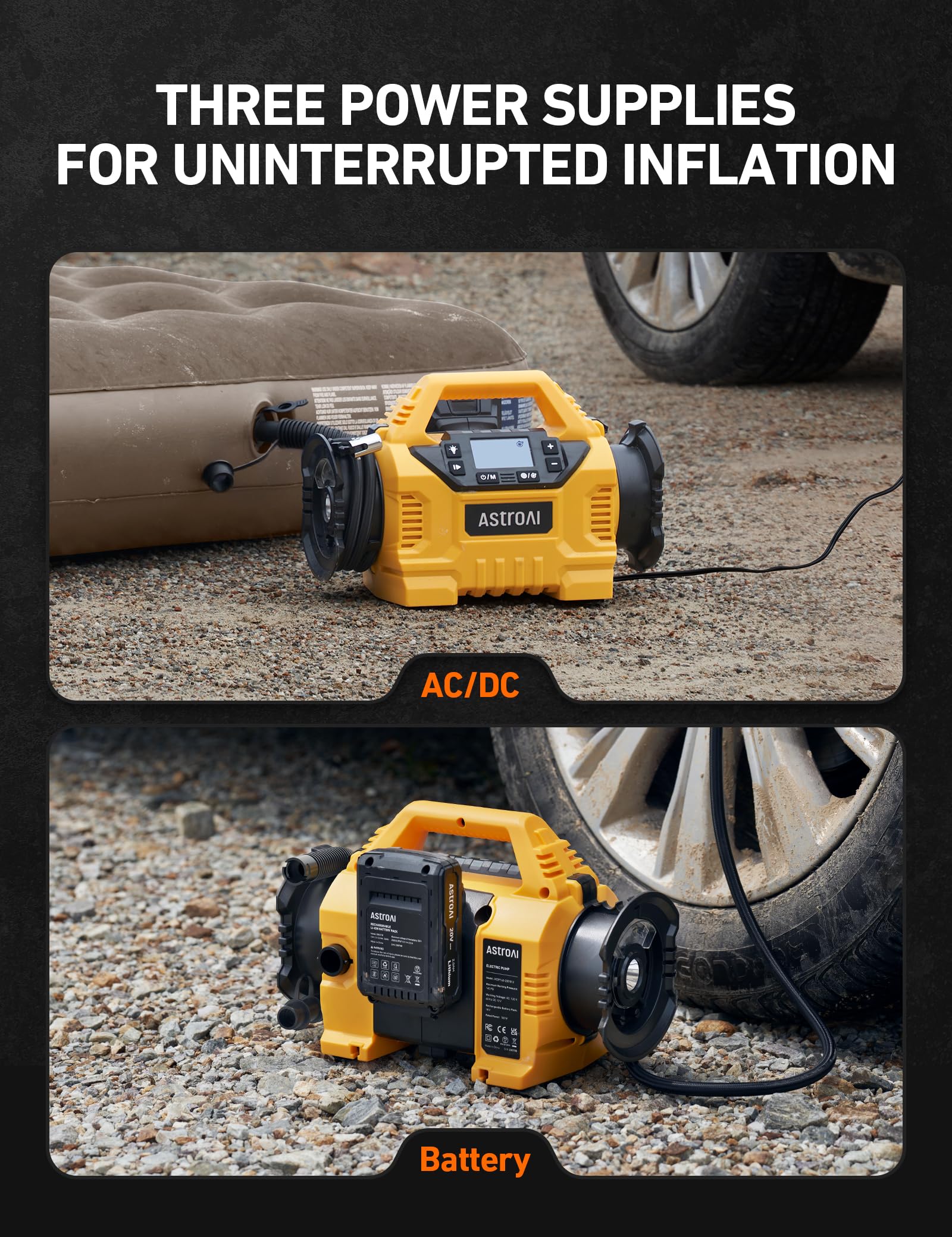 AstroAI Cordless Tire Inflator - 160PSI Air Compressor, Portable, Yellow, Heavy Duty for Cars and Air Mattresses