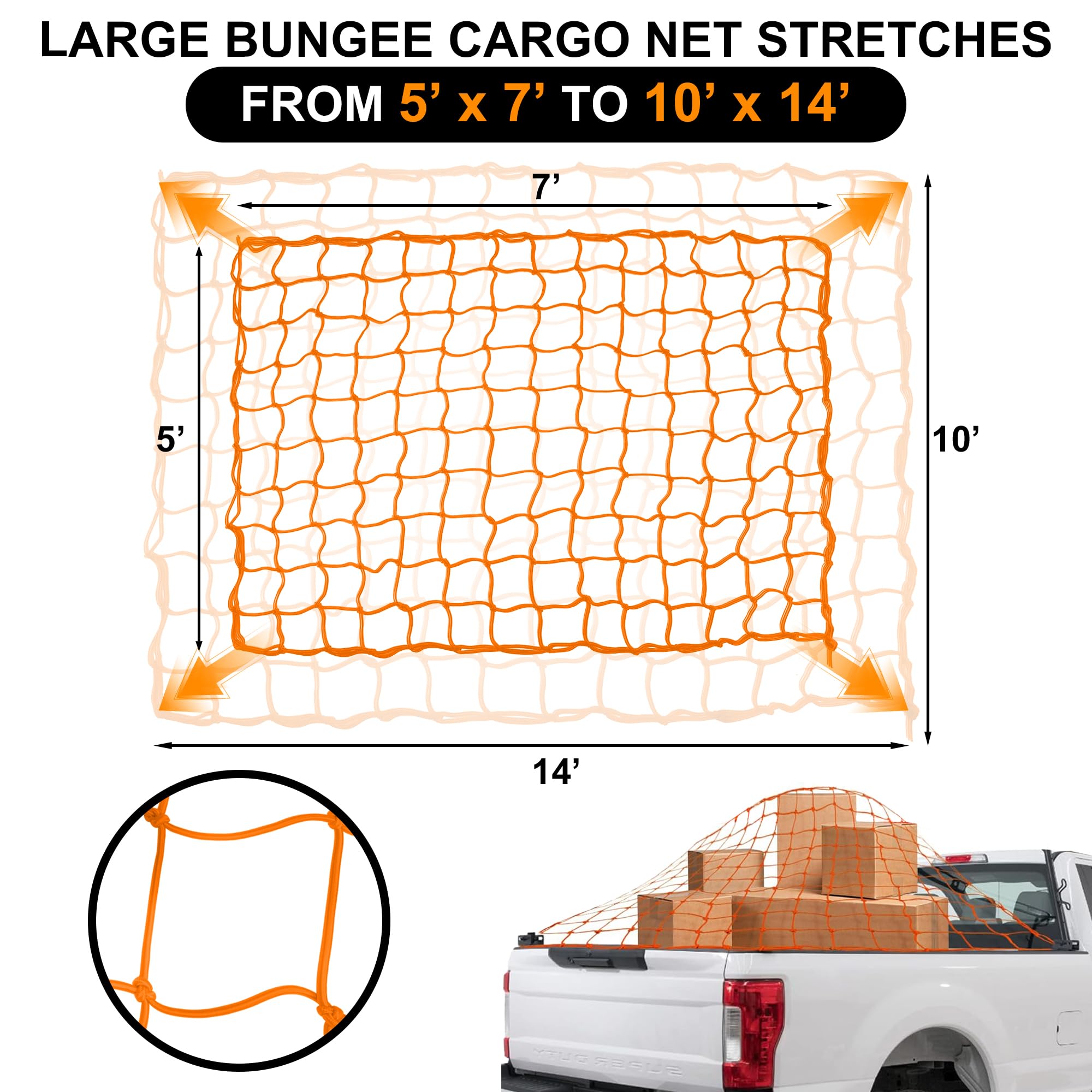 Seven Sparta 5 X 7 Bungee Cargo Net Stretches To 10' X 14' For Truck Bed, Pickup Bed, Trailer, Trunk, Suv With 16 Bonus D Clip C