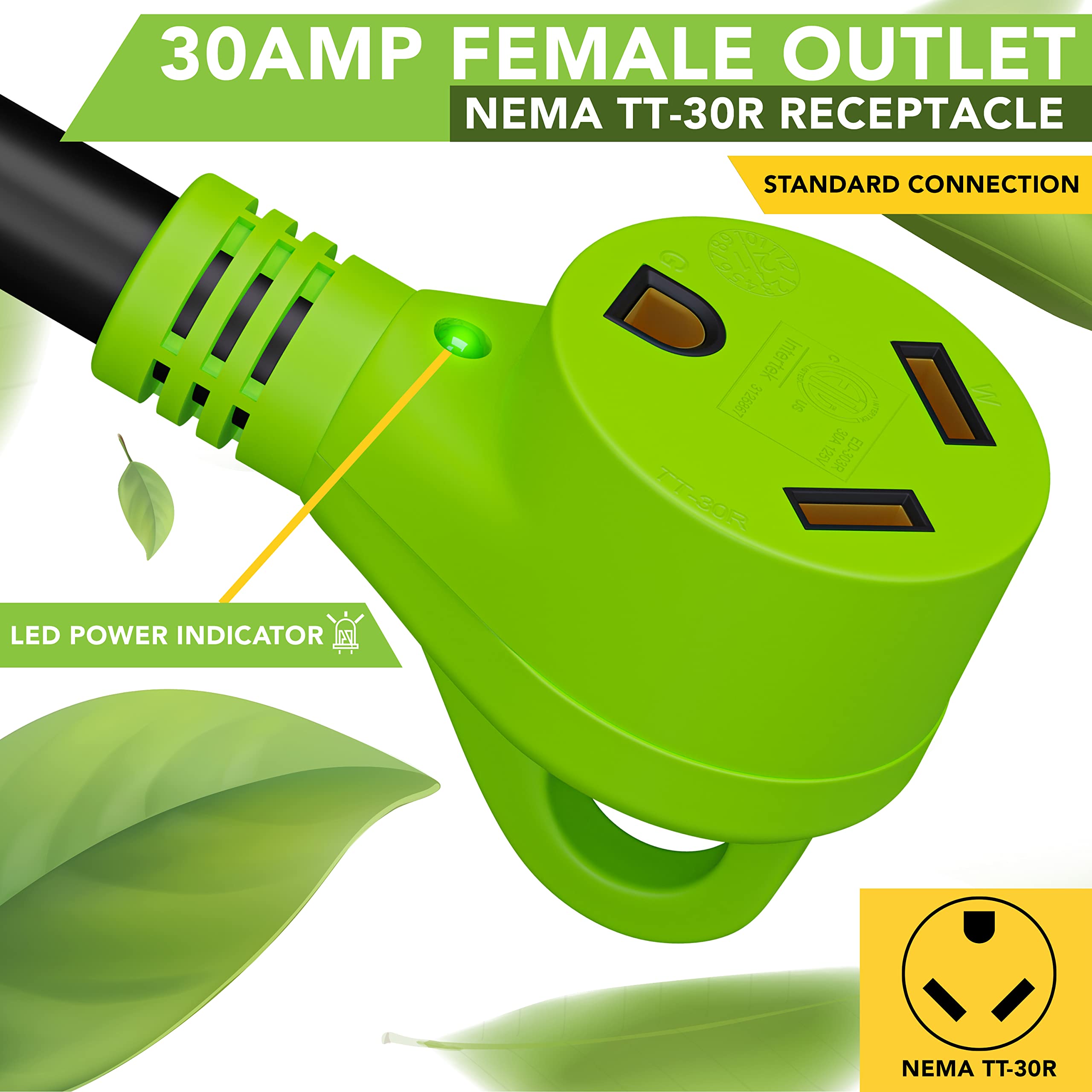 Leisure Cords 10 Ft 30 Amp Rv Power Extension Cord With Led Power Indictor - 30 Amp Male To 30 Amp Female Standard Plug (30 Amp