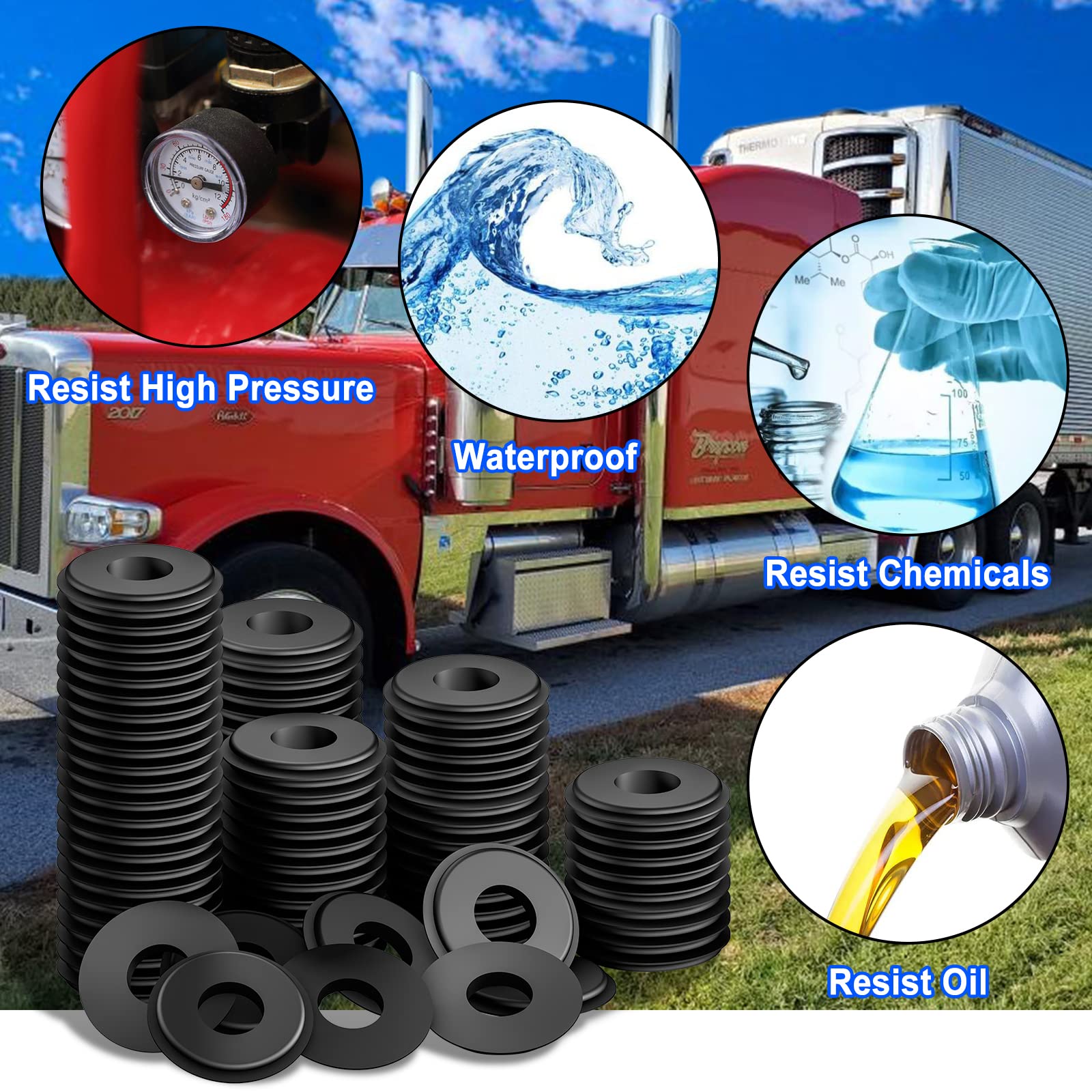 Kootans 100Pcs Glad Hand Seals, Truck Glad Hand Seal Round Elastic Grommets Rubber Gladhand Seal Washer For Semi Trailer Truck Or Tractor Braking Air Hose Parts Number 10028