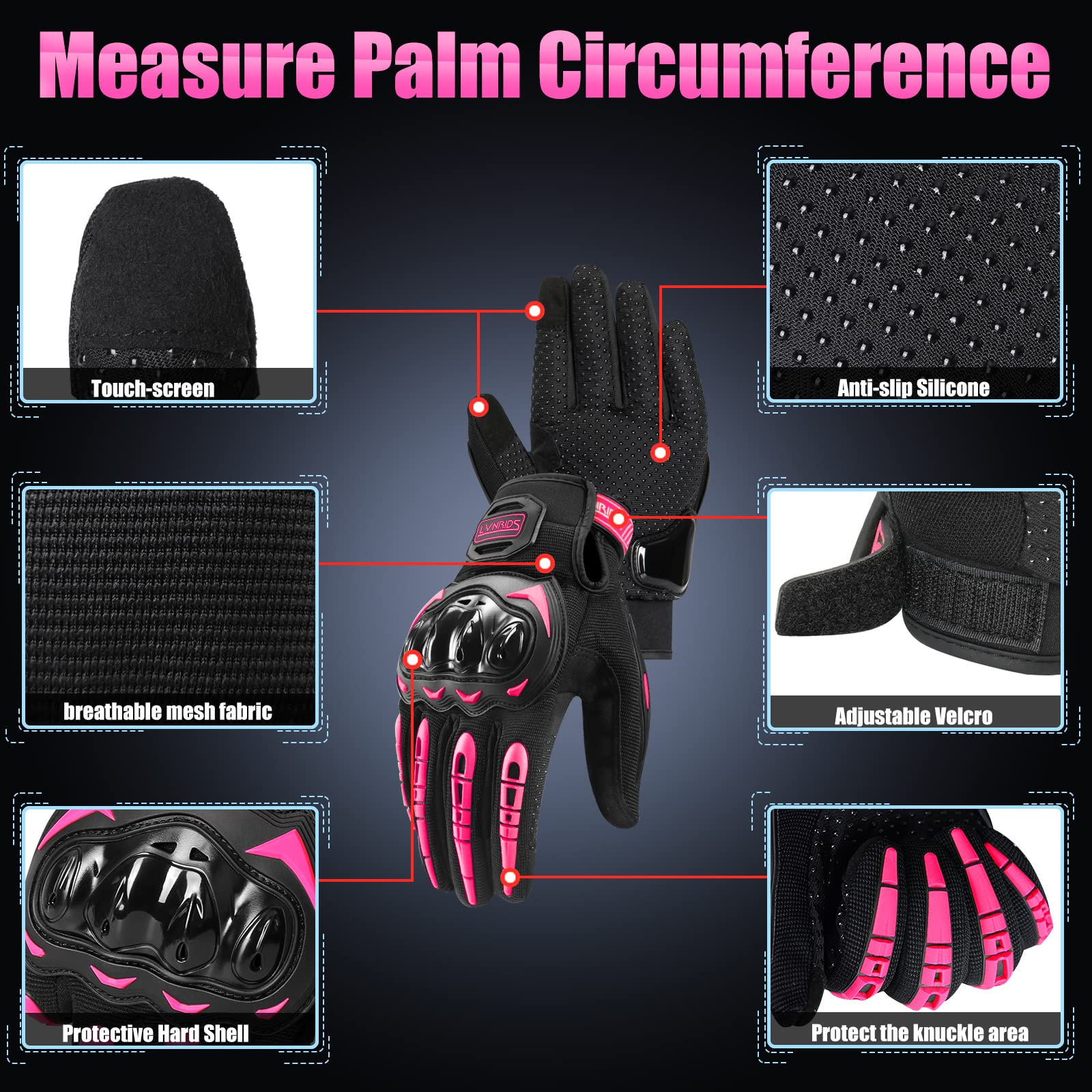 Lvnrids Motorcycle Gloves With Touchscreen Men And Women Racing Gloves For Motocross Bmx Atv Mtb Riding Cycling Pink M