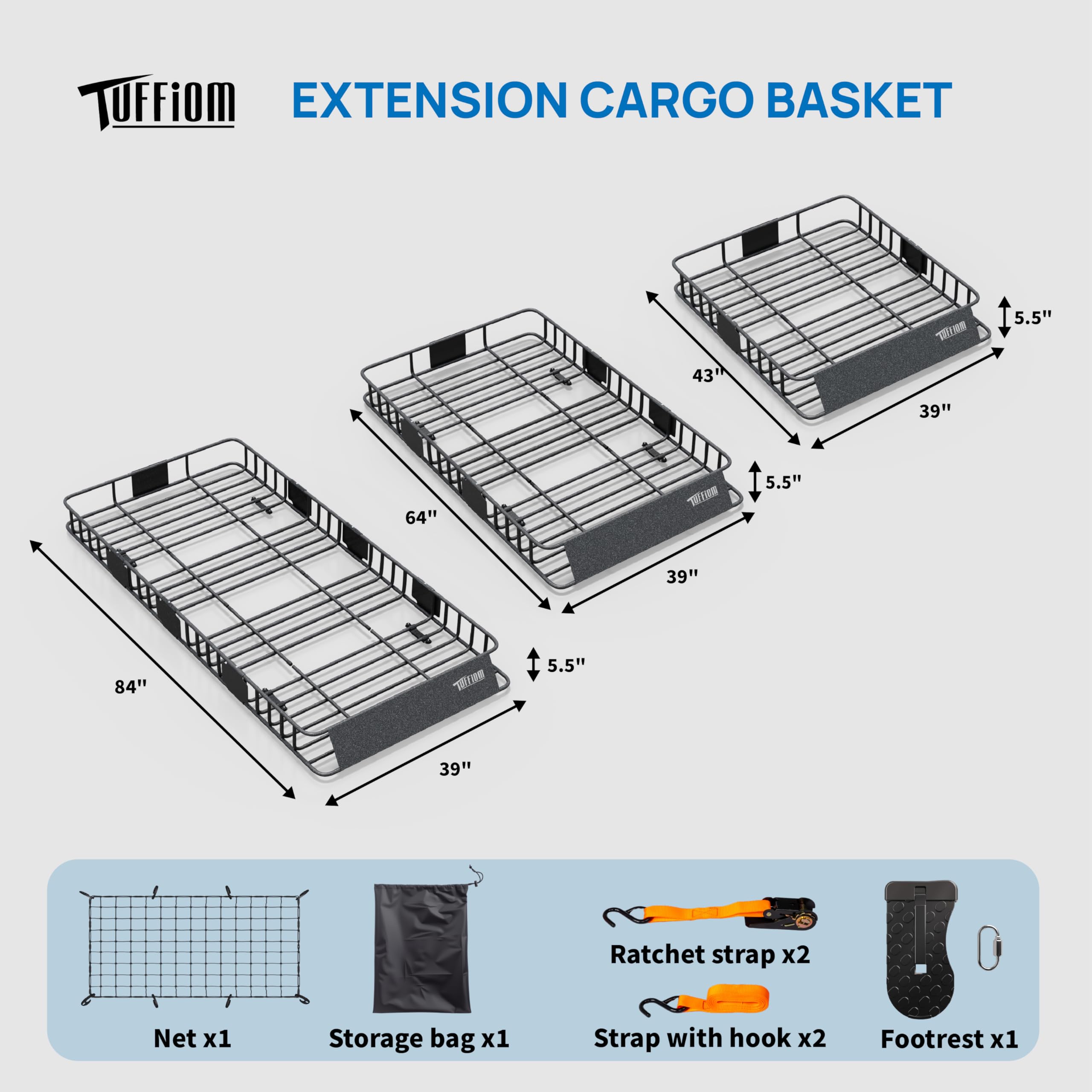 Tuffiom 84''X 39''X 6'' Universal Rooftop Cargo Carrier Basket, Extendable Steel Roof Rack Basket W/Net+Storage Bag+Pedal+Straps