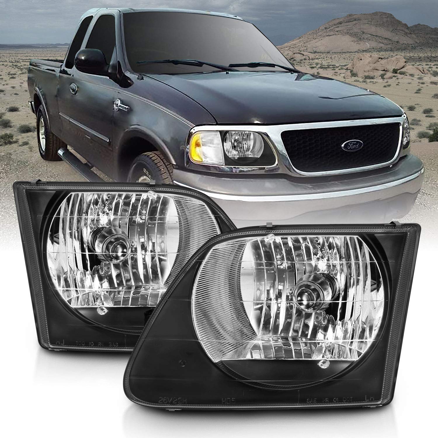 Amerilite G2 Black Main High/Low Beam Replacement Headlights For 1997-2003 Ford F-150 - Passenger And Driver Side
