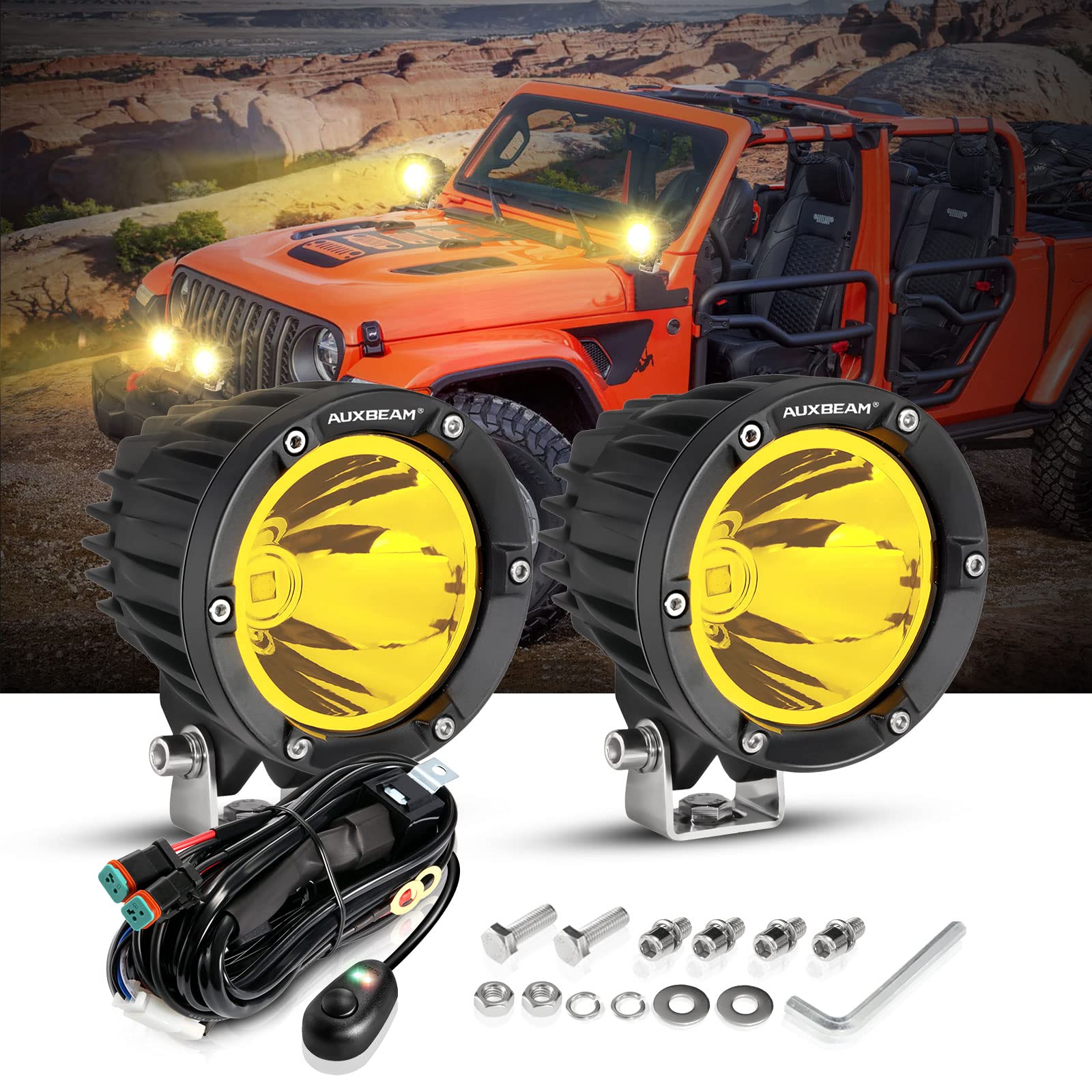 Auxbeam 4 Inch 72W Amber Fog Lights, 2Pcs 7200Lm Led Round Offroad Light Pods, Yellow Spot Beam Driving Off Road Work Light Bar