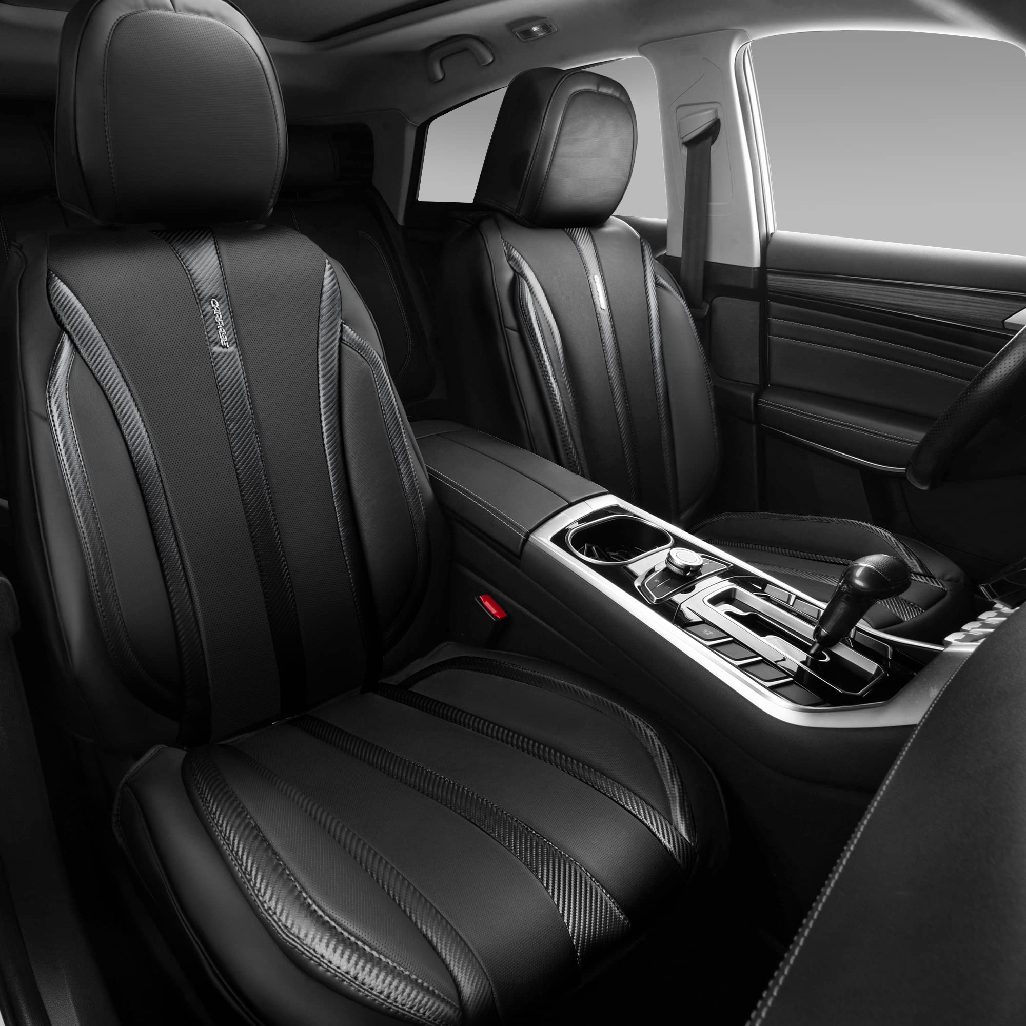 CAR PASS Carbon Fiber Nappa Leather Car Seat Covers Front Only Cushioned Leatherette 2 Piece Padded Waterproof Universal Fit for