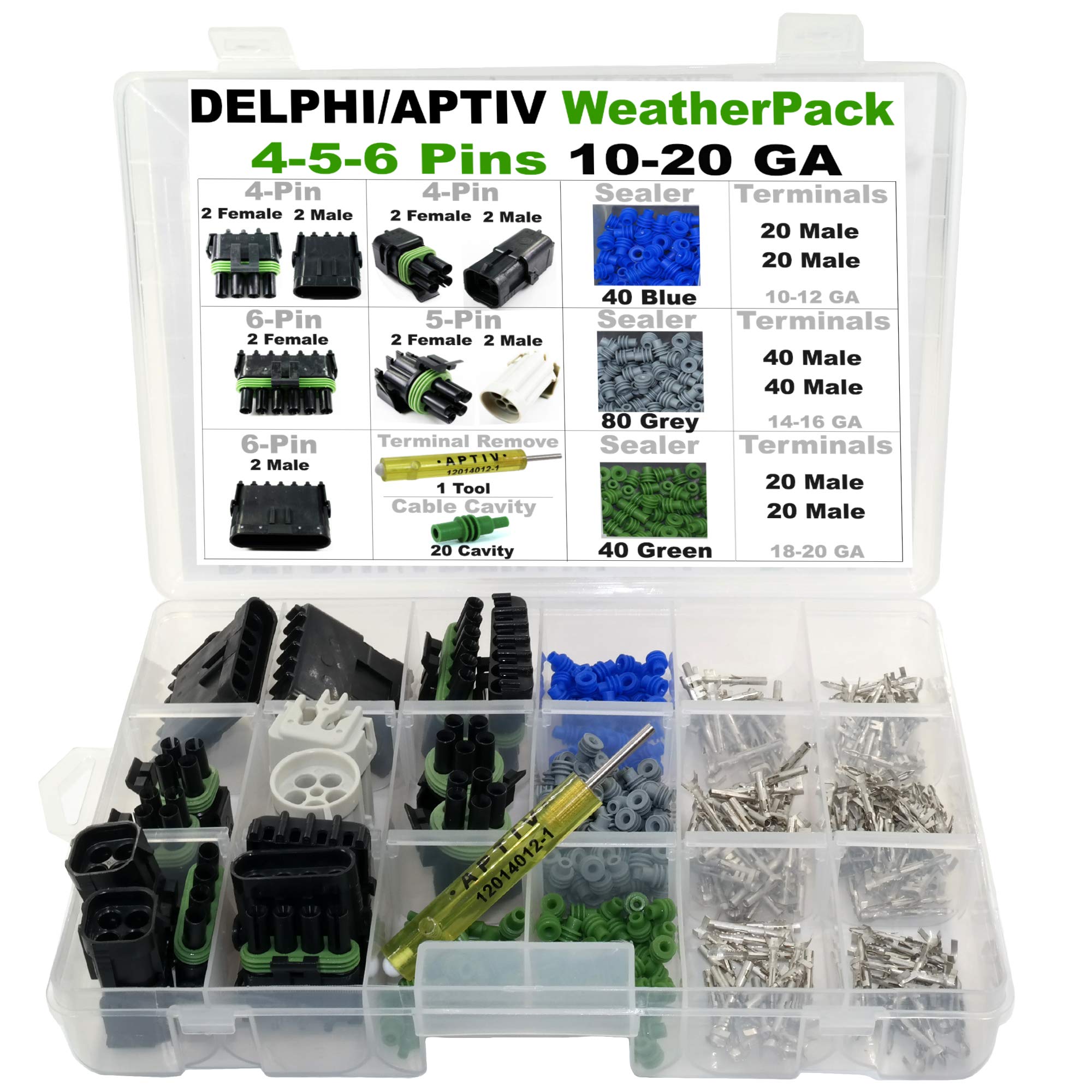 357Pcs 4,5,6 Pin Weatherpack, 20 Amp, 10-20 Awg Kit, +Remove Tool
