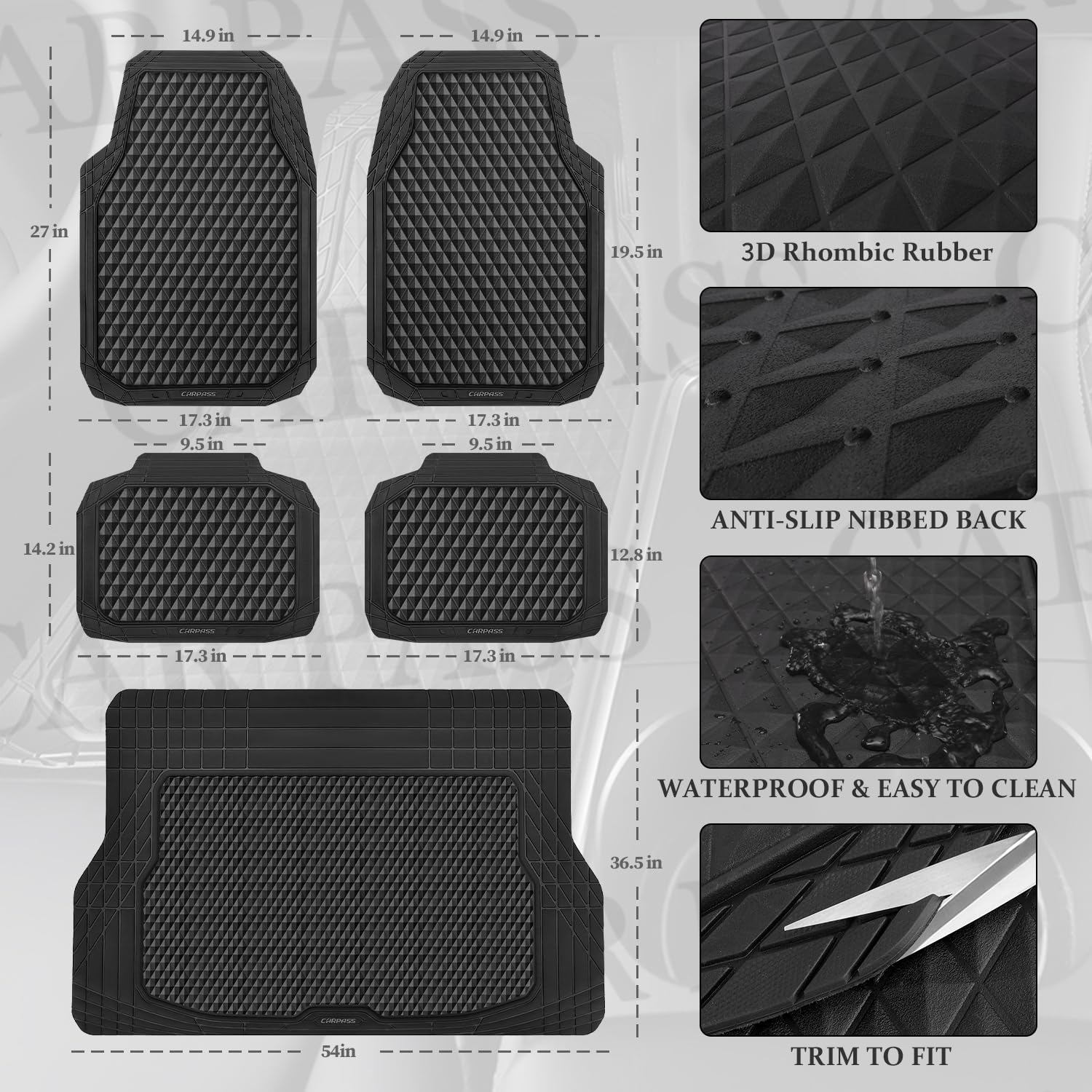 CAR PASS Black Rubber Car Floor Mats & Cargo Liners, Durable Anti-Slip 3D Rhombus Waterproof Automotive Pad Trim Fit Liner All-W