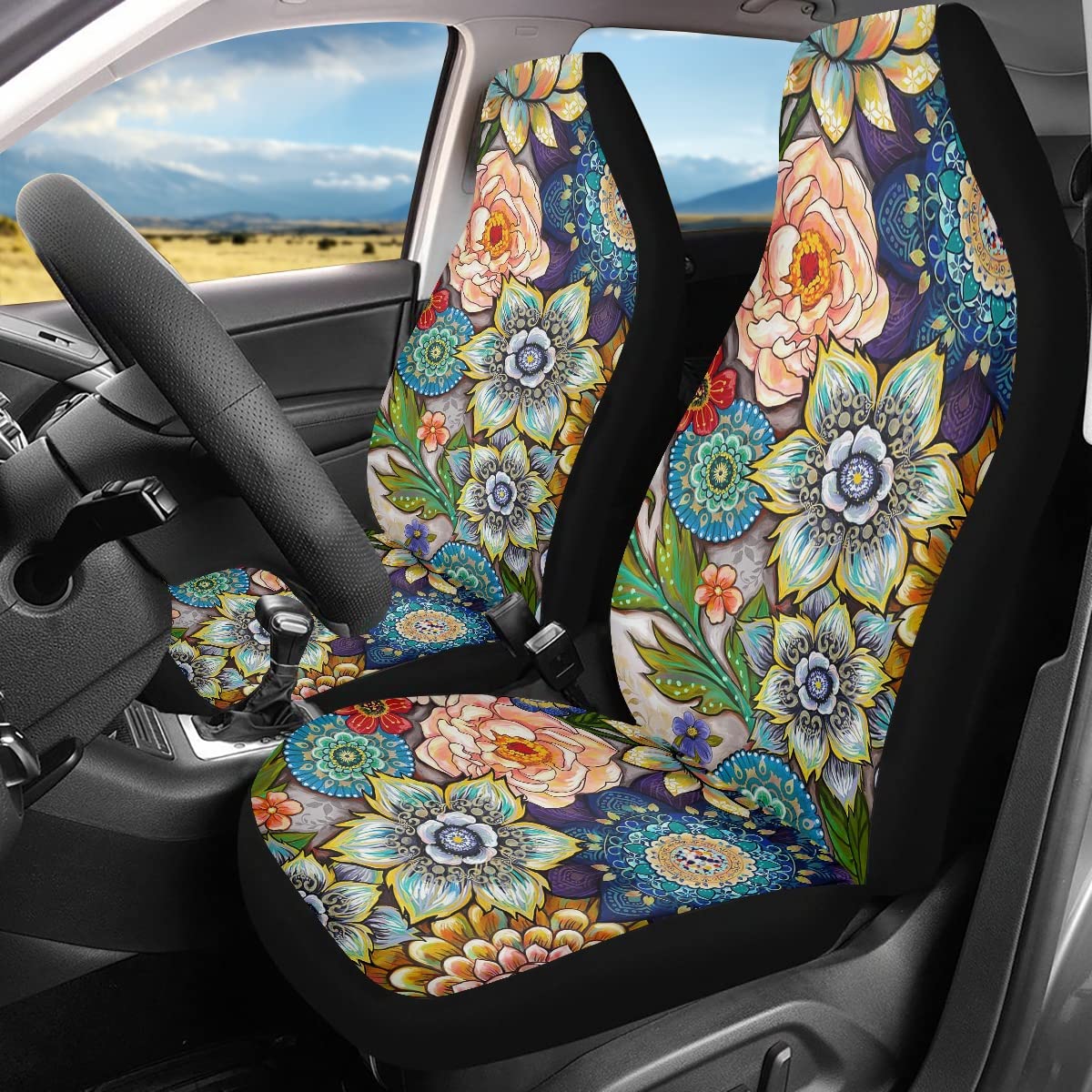 Toaddmos Bright Blossoms Colorful Boho Floral Print Car Seat Covers For Women,Universal Auto Front Seats Protector Fits For Car,Suv Sedan,Truck