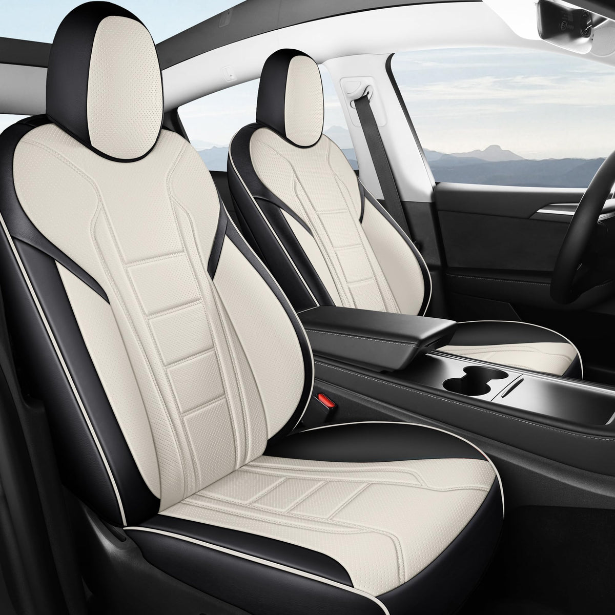 FREESOO Tesla Model Y Seat Covers 2023 2022 2021 2020 Leather Car Seat Cover Full Set Accessories Black White