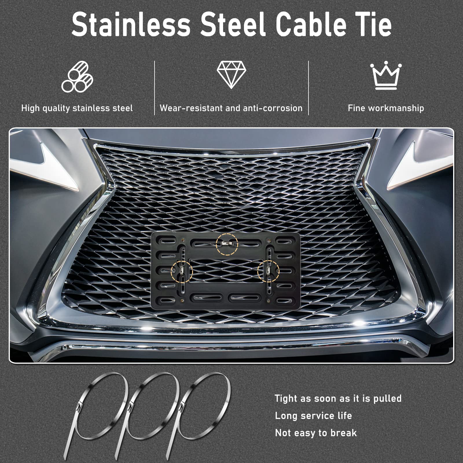 Bggtmo License Plate Bracket Holder- Front License Plate Mounting Kit, Universal Bumper Car Tag Frame Mount Adapter With Stainless Steel Screw Cap, Cable Ties