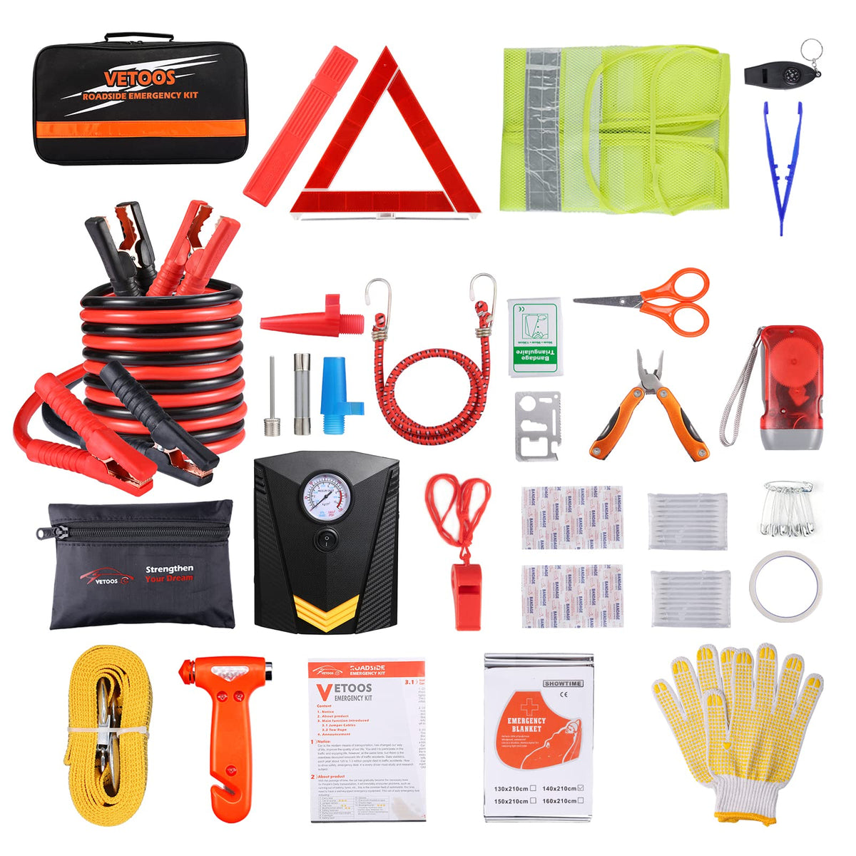 Car Roadside Emergency Kit With Jumper Cables, Auto Vehicle Safety Road Side Assistance Kits, Winter Car Kit For Women And Men,