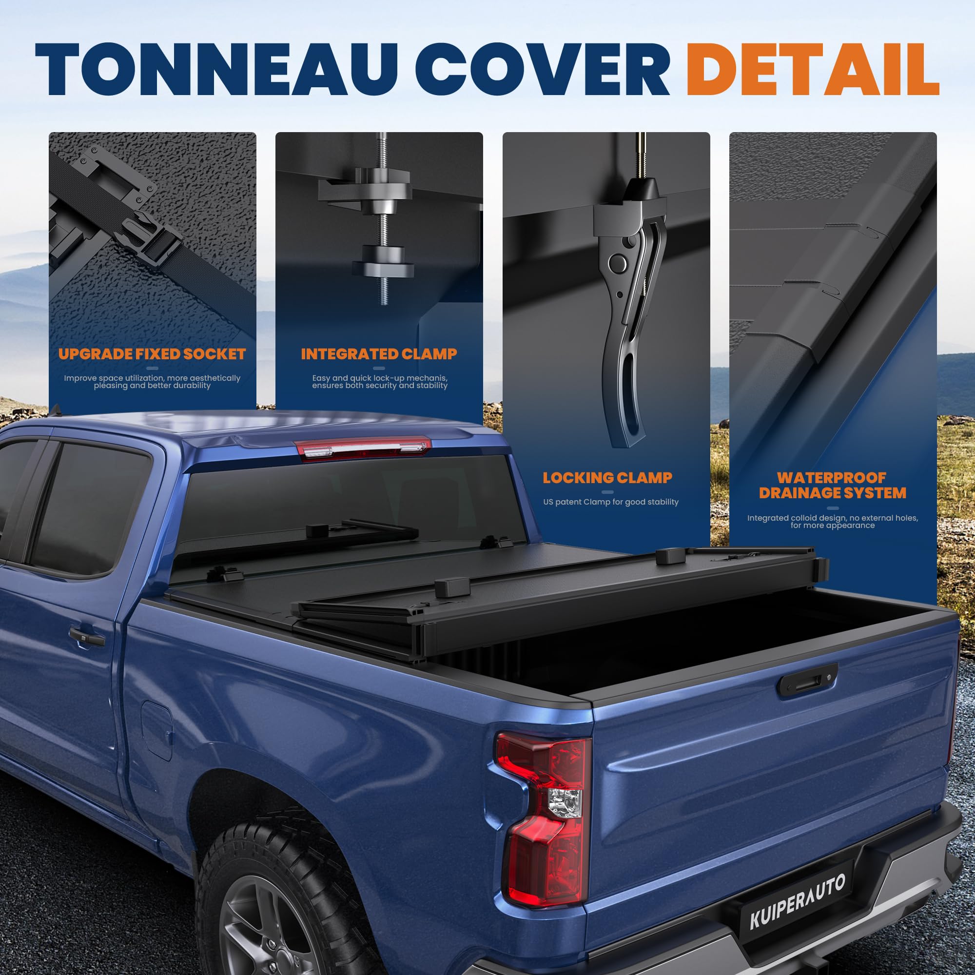KUIPERAUTO Fiberglass Tri Hard Truck Bed Tonneau Cover Fleetside Compatible for 2014-2025 Chevy Silverado GMC Sierra 1500/2015-2