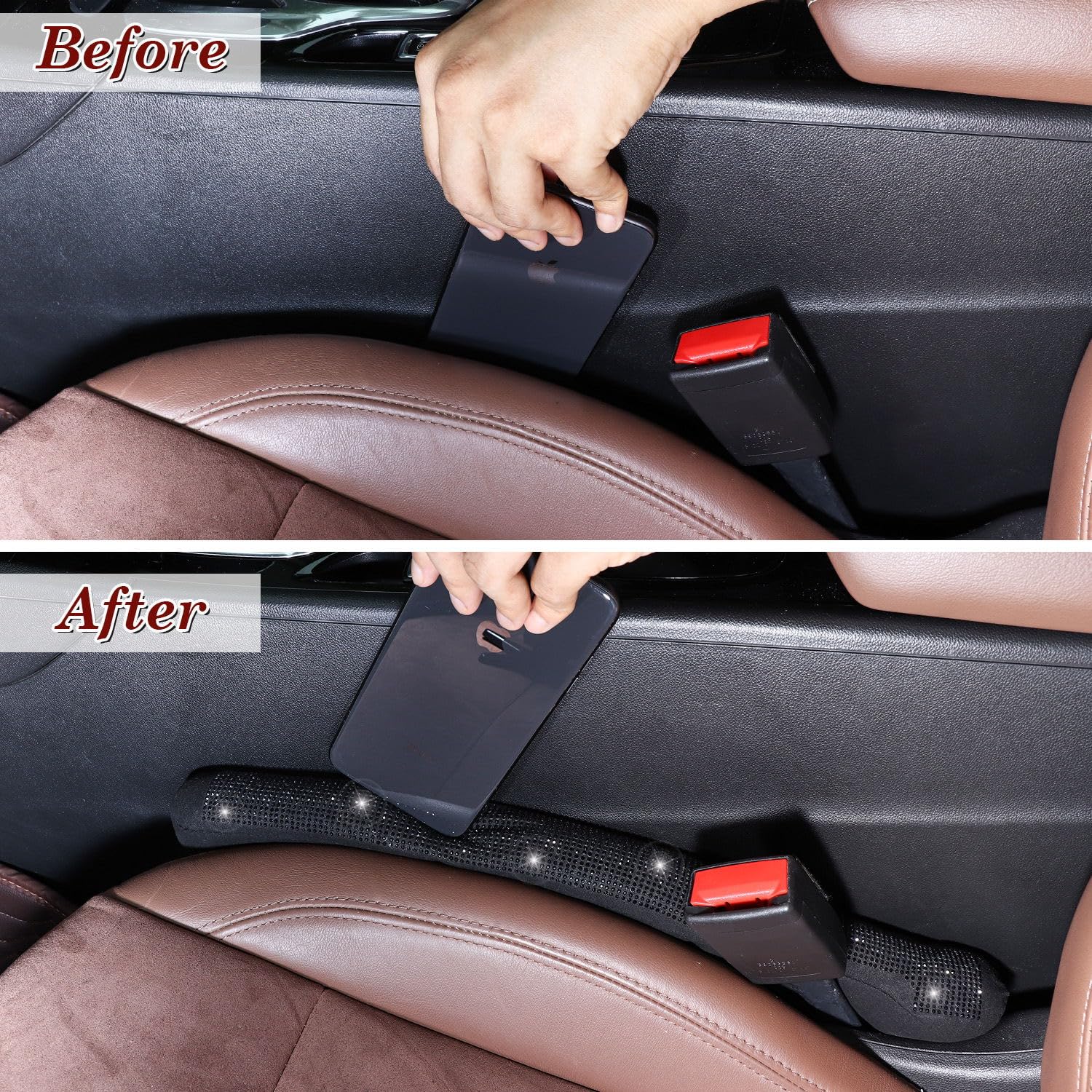 Tobequeen Car Seat Gap Filler Black, Bling Car Accessories For Women Universal Fit For Car Truck Suv, 2 Pack Handmade Crystal Rh