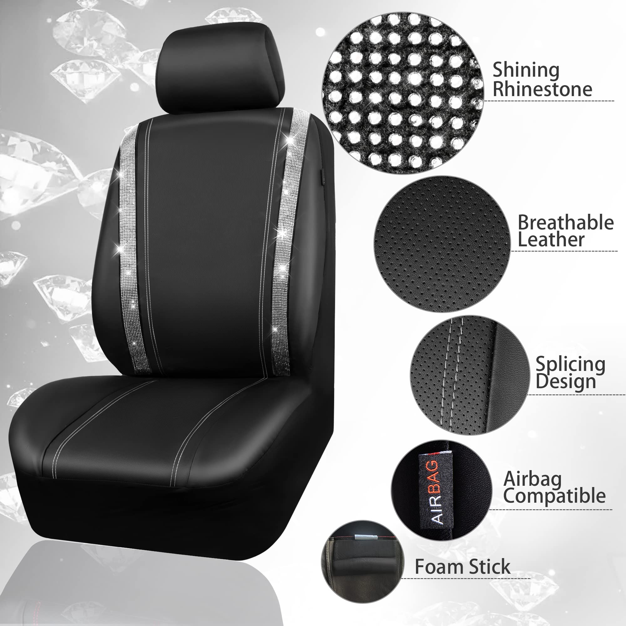 Car Pass Leather Diamond Bling Seat Covers Full Sets 16 Pcs, Bling Car Accessories Set For Women, Sparkly Rhinestone Steering Wh