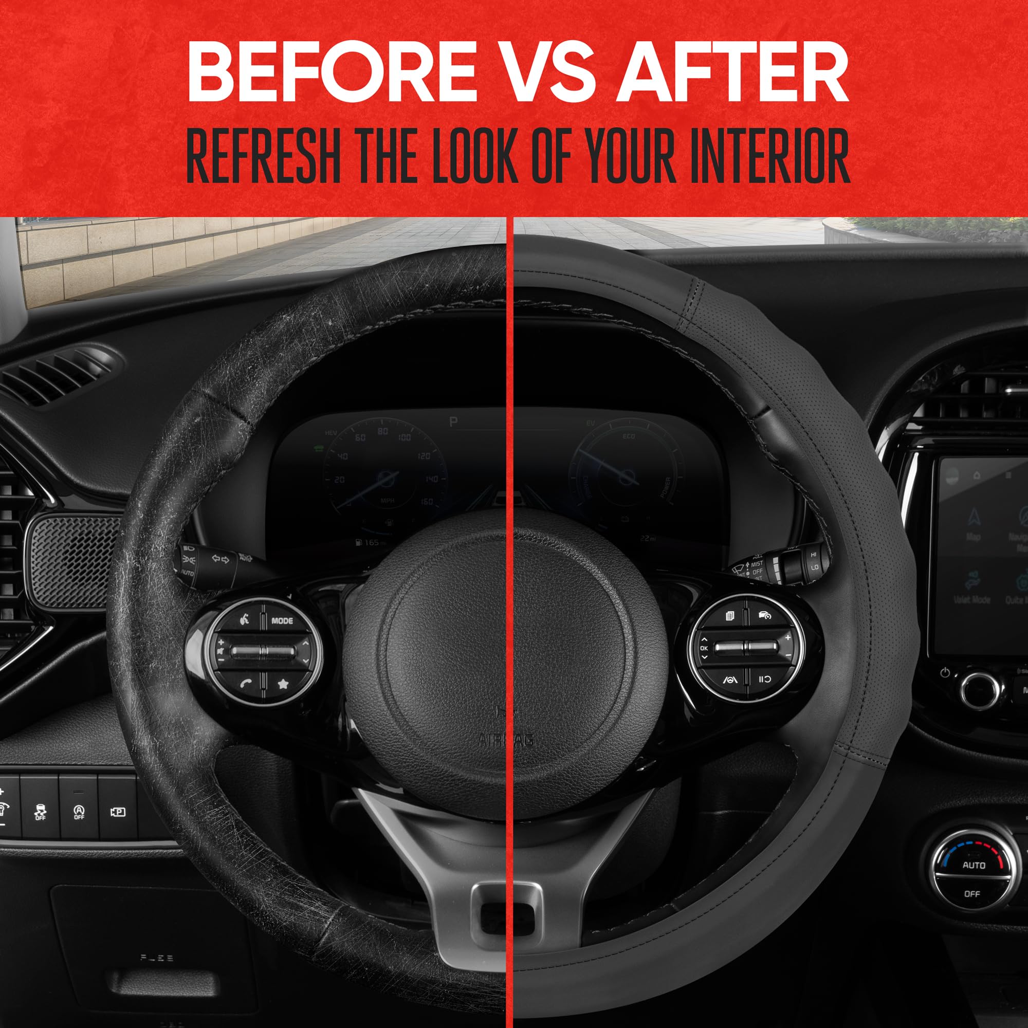 Motor Trend Soft Touch Leather Gray Steering Wheel Cover with Grooves, Advanced Traction Universal Fit for Standard Sizes 14.5 1