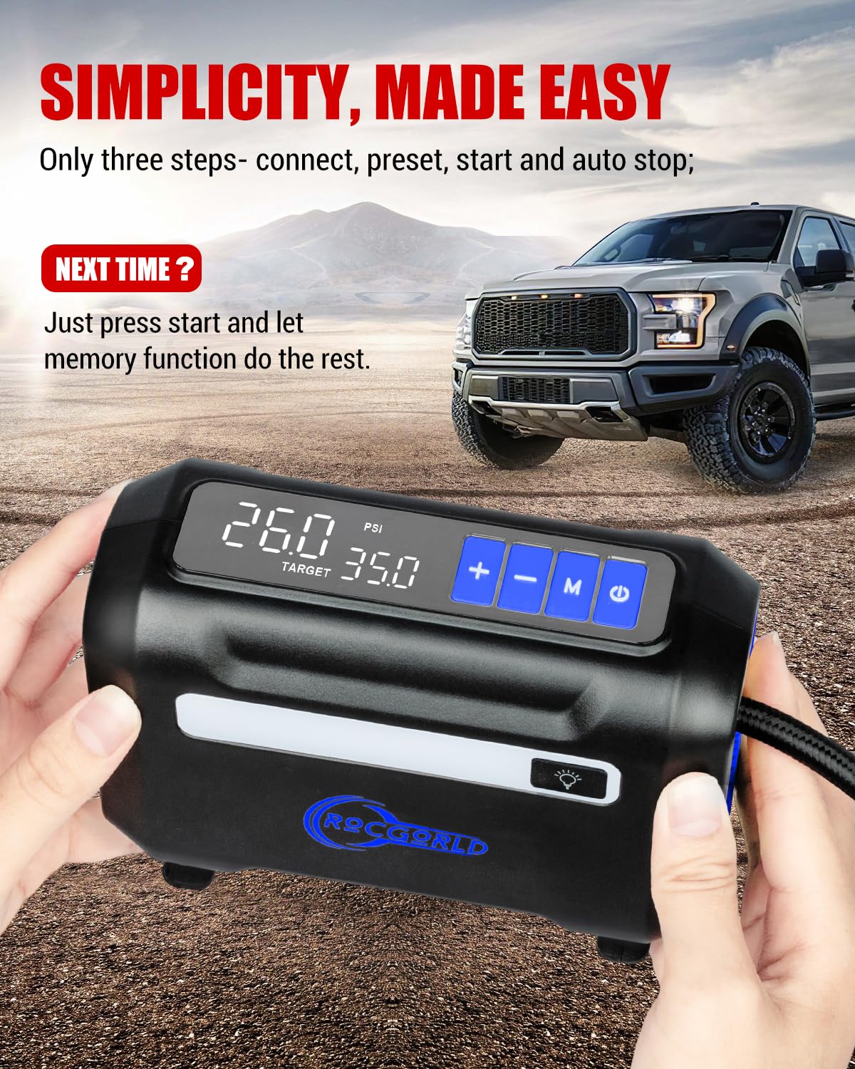 ROCGORLD R8 Tire Inflator Portable Air Compressor, DC 12V Air Compressor Portable with Large Dual Digital Screen, 3X Faster Infl